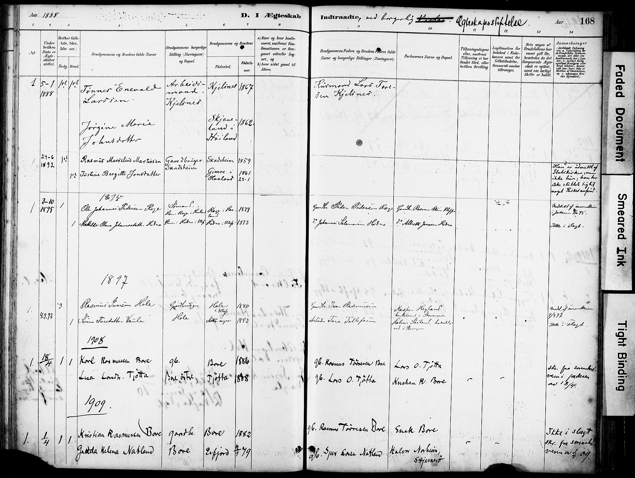 Klepp sokneprestkontor, SAST/A-101803/001/3/30BA/L0008: Parish register (official) no. A 9, 1886-1919, p. 168