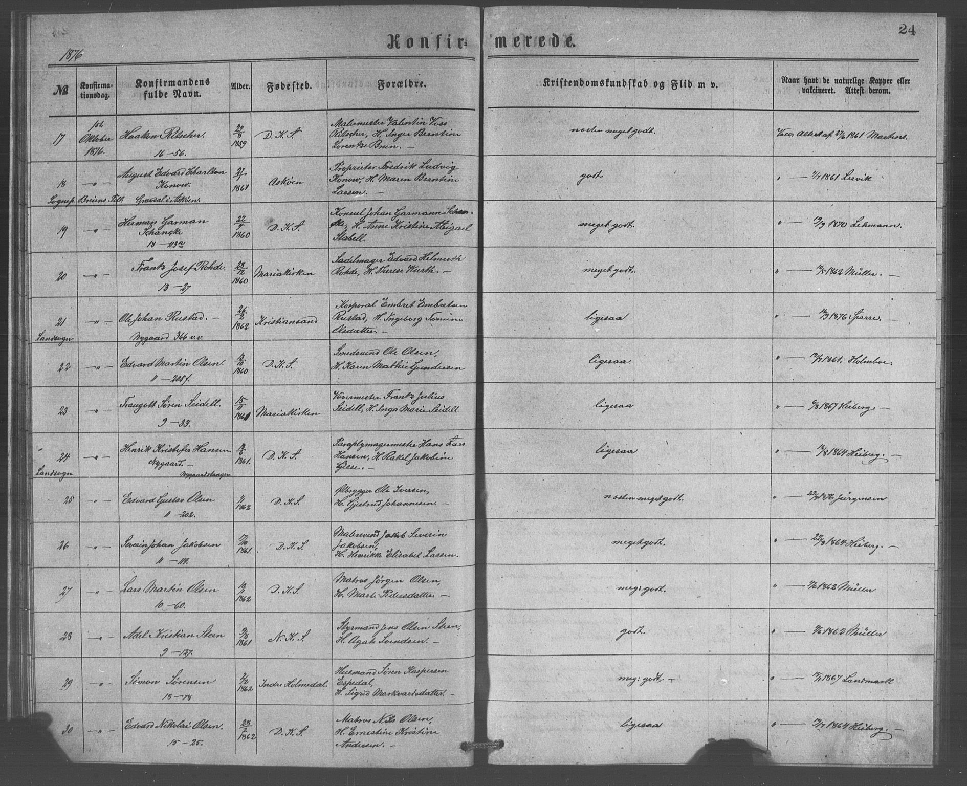 Domkirken sokneprestembete, SAB/A-74801/H/Haa/L0065: Curate's parish register no. A 3, 1874-1880, p. 24