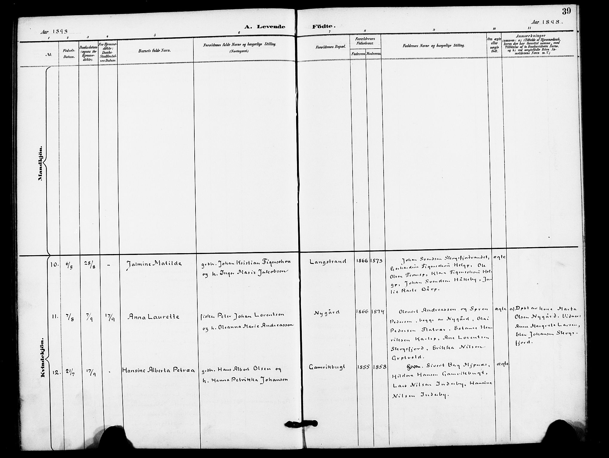 Karlsøy sokneprestembete, AV/SATØ-S-1299/H/Ha/Haa/L0012kirke: Parish register (official) no. 12, 1892-1902, p. 39