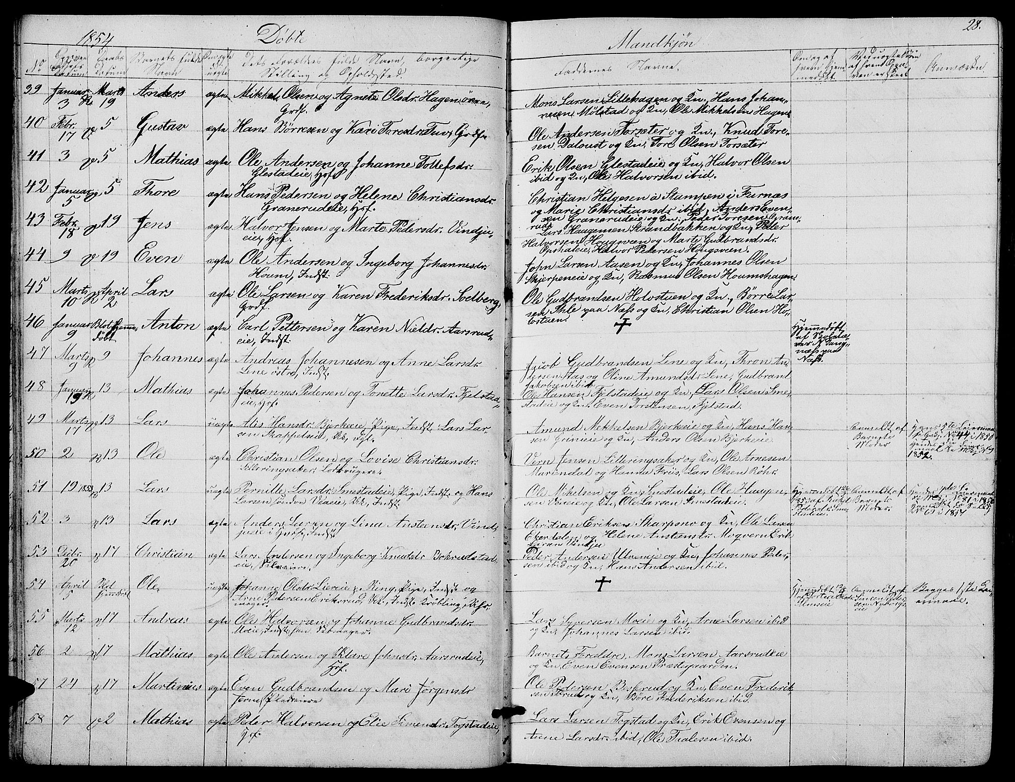 Ringsaker prestekontor, AV/SAH-PREST-014/L/La/L0006: Parish register (copy) no. 6, 1851-1860, p. 28