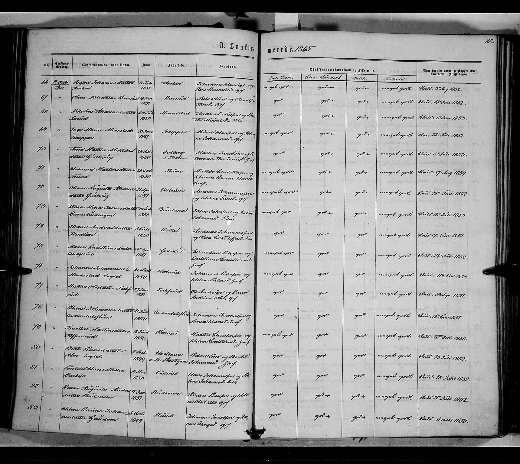 Vestre Toten prestekontor, SAH/PREST-108/H/Ha/Haa/L0007: Parish register (official) no. 7, 1862-1869, p. 162