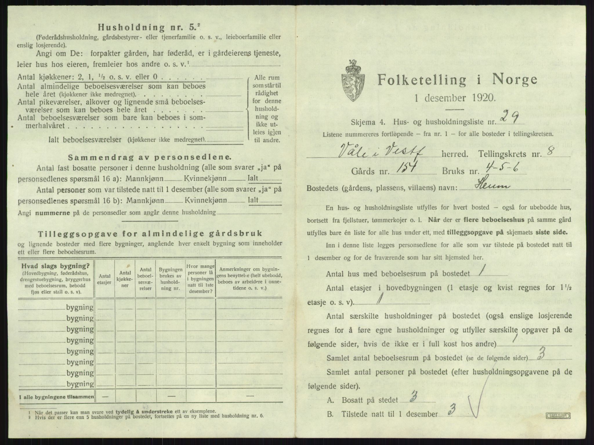 SAKO, 1920 census for Våle, 1920, p. 1030