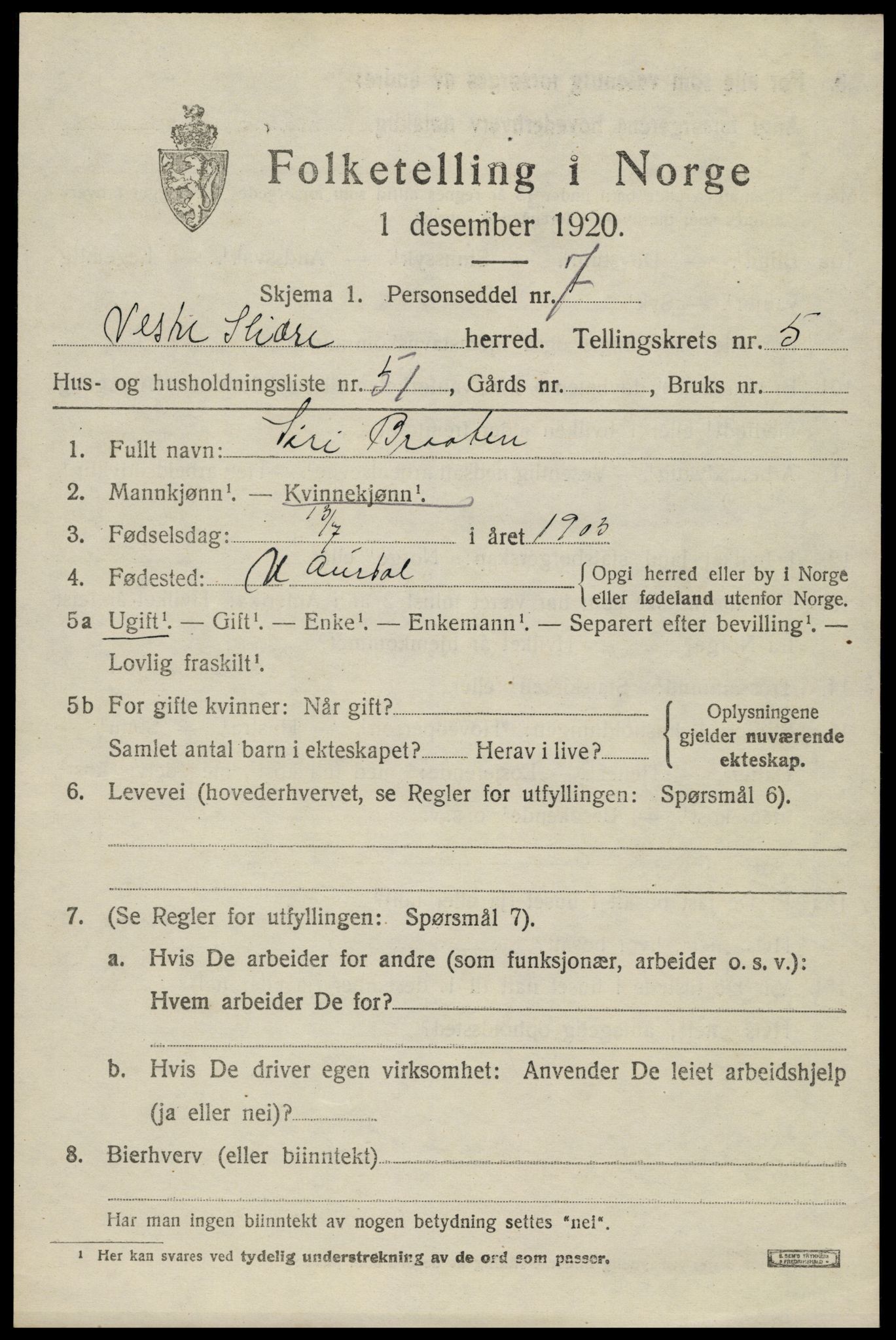 SAH, 1920 census for Vestre Slidre, 1920, p. 3254