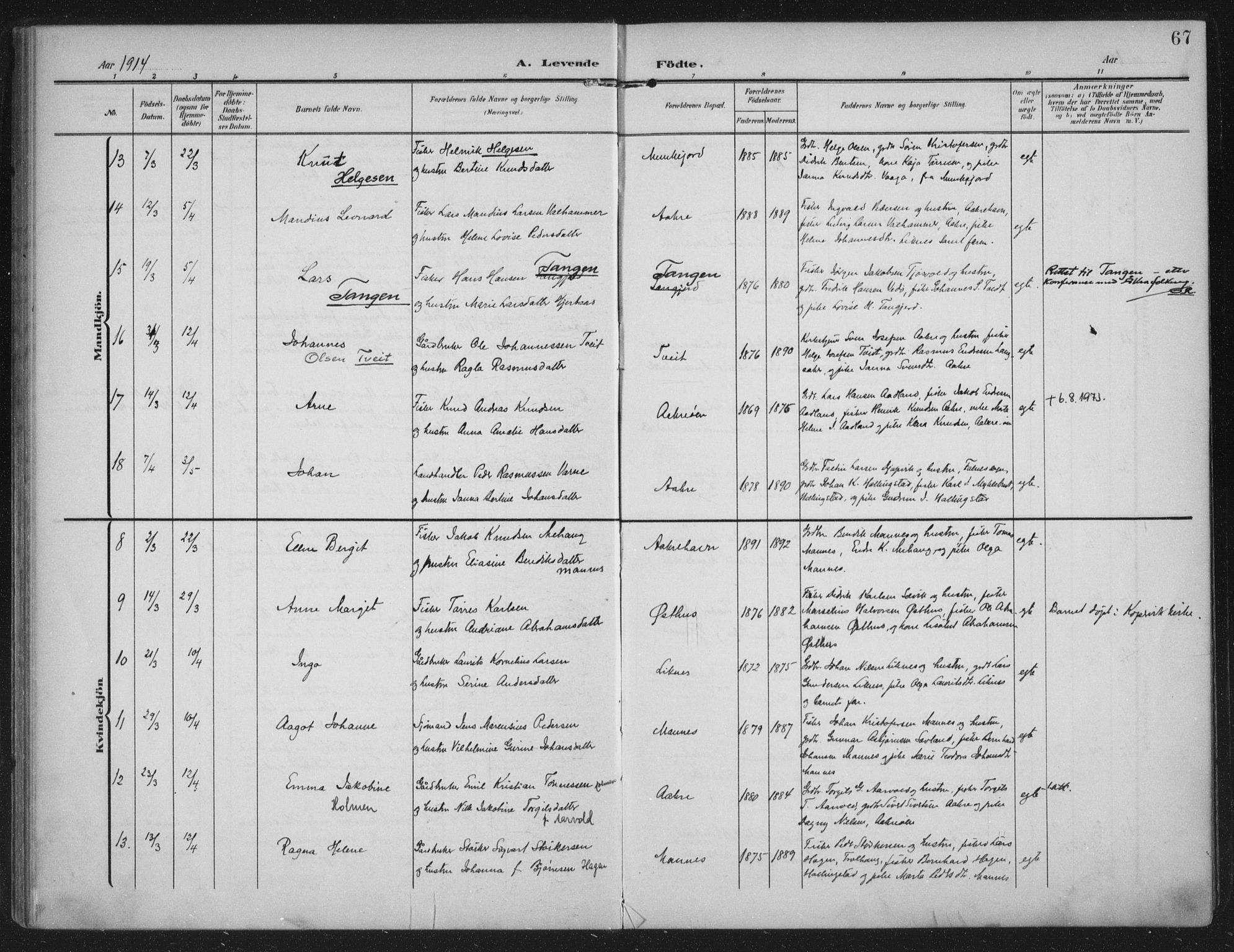 Kopervik sokneprestkontor, AV/SAST-A-101850/H/Ha/Haa/L0005: Parish register (official) no. A 5, 1906-1924, p. 67