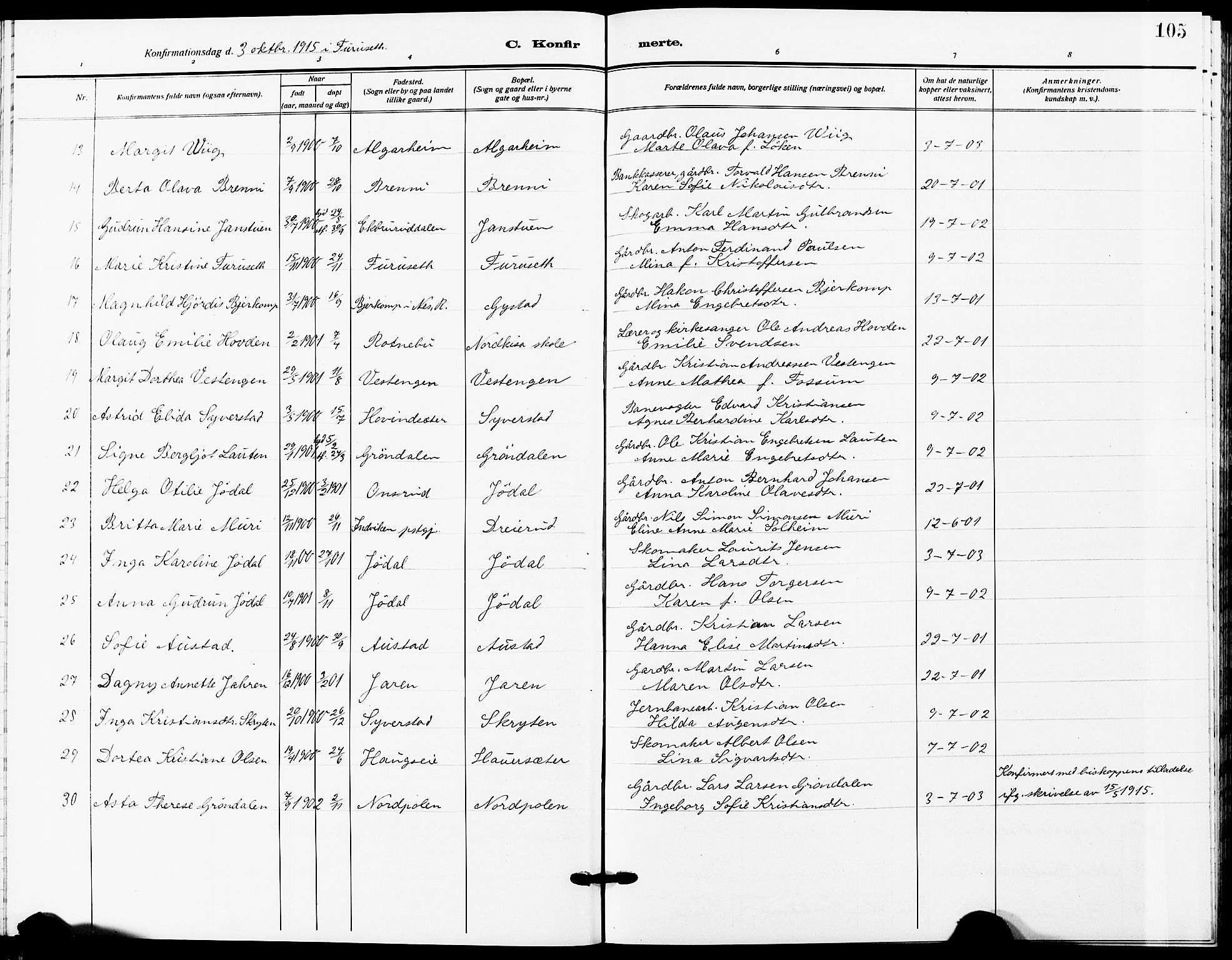 Ullensaker prestekontor Kirkebøker, SAO/A-10236a/G/Ga/L0003: Parish register (copy) no. I 3, 1914-1929, p. 105