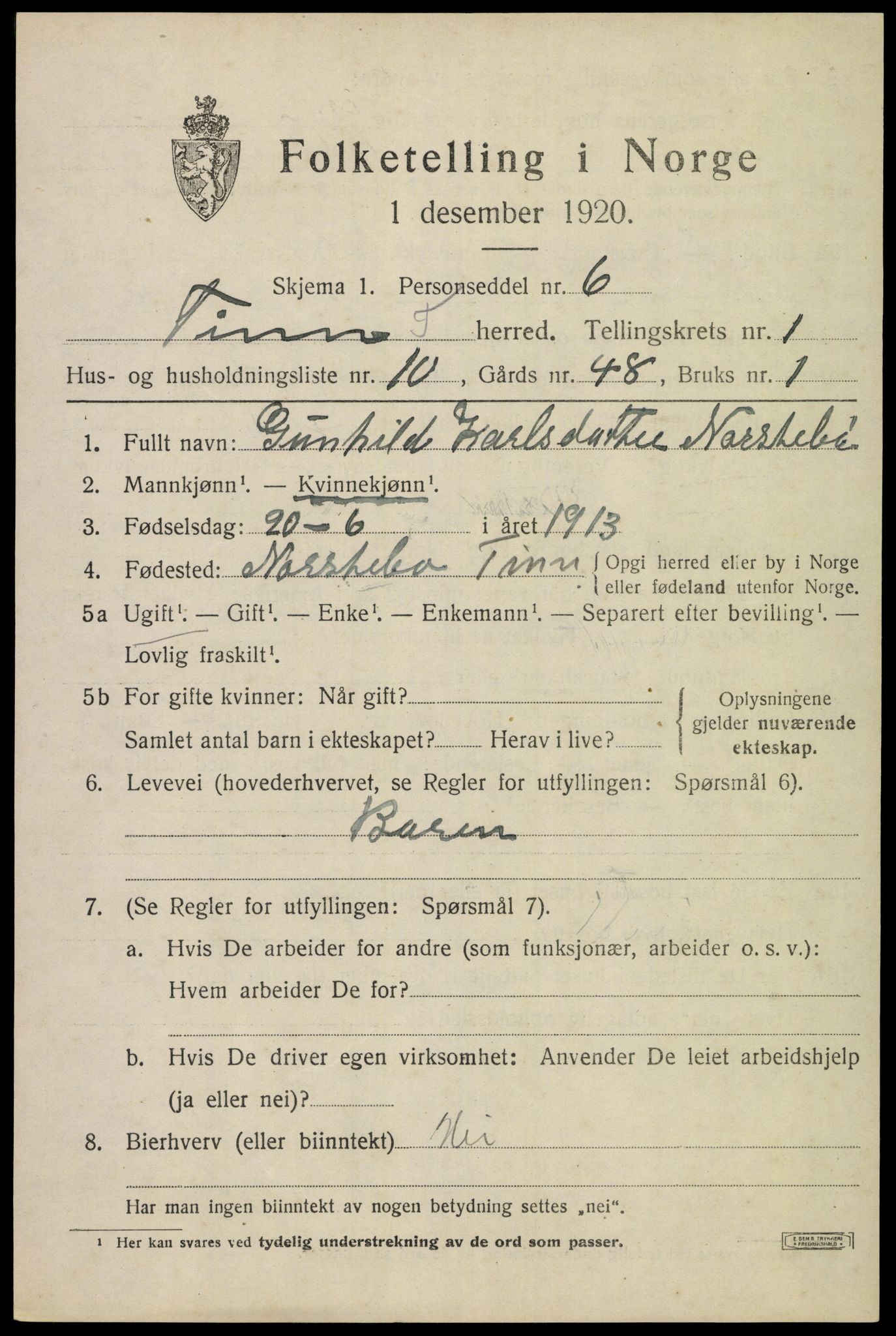 SAKO, 1920 census for Tinn, 1920, p. 2806