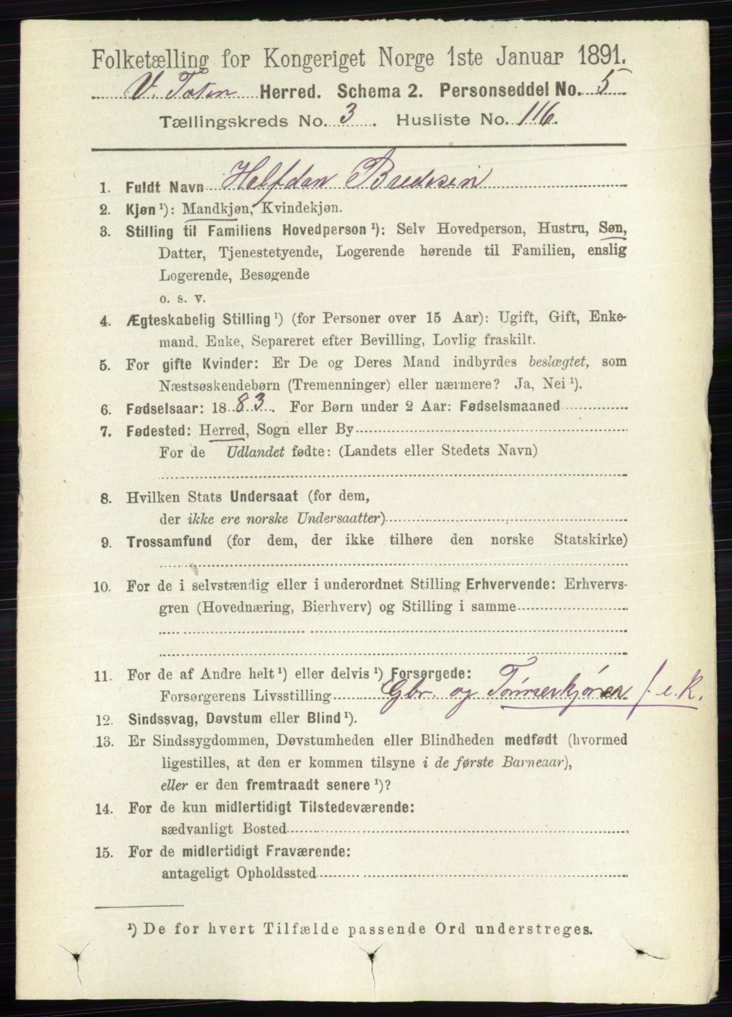 RA, 1891 census for 0529 Vestre Toten, 1891, p. 2581