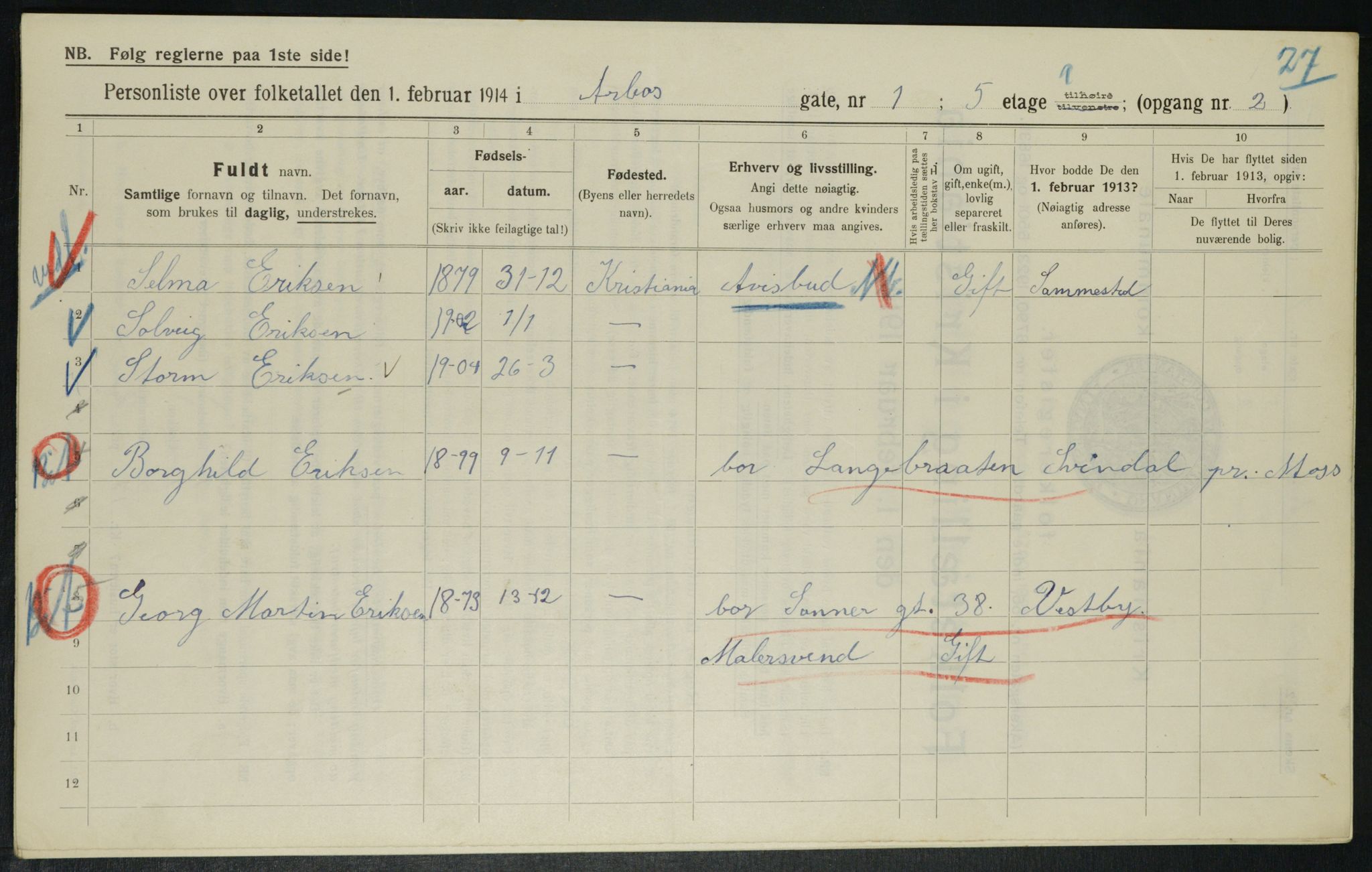 OBA, Municipal Census 1914 for Kristiania, 1914, p. 1735