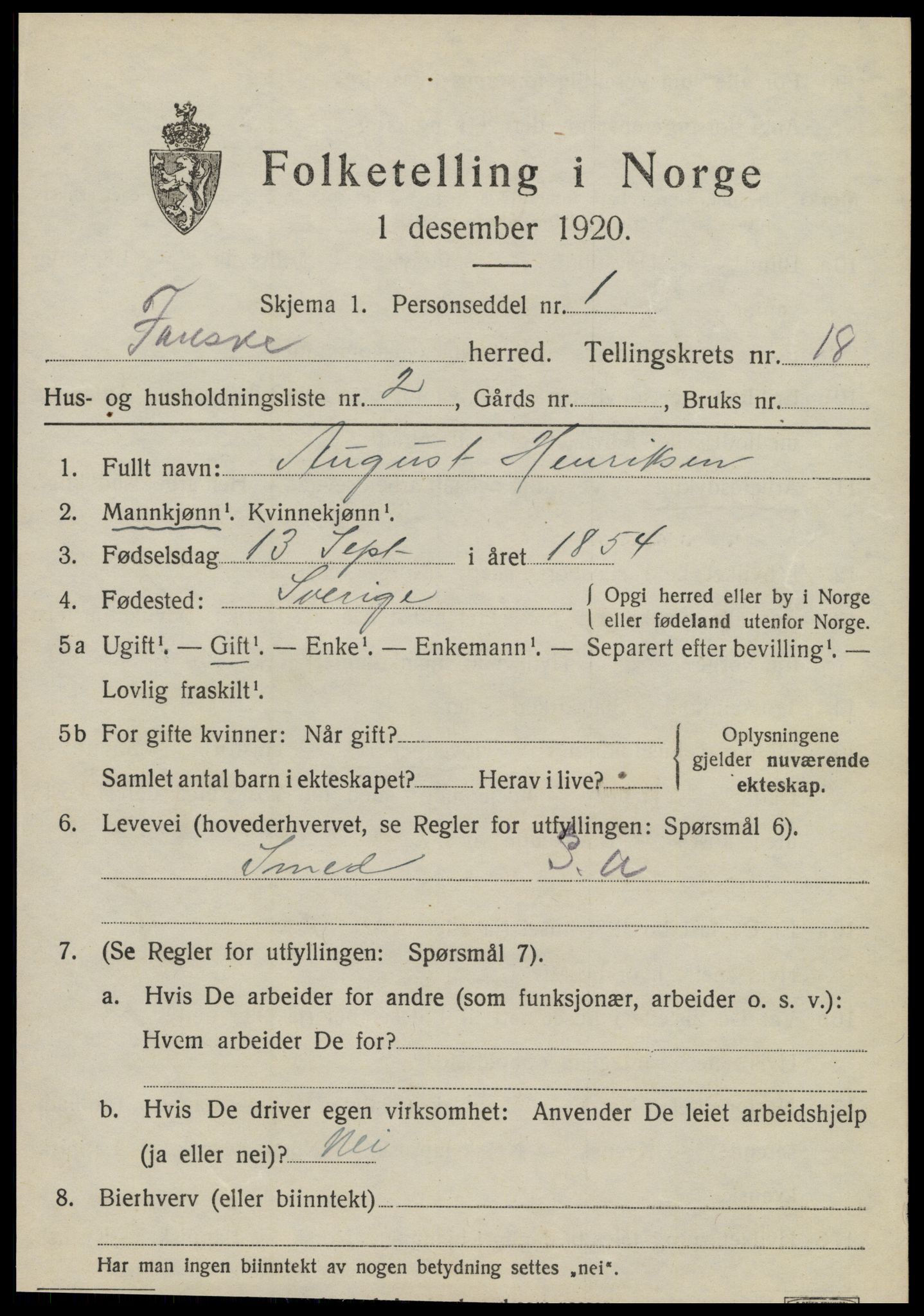 SAT, 1920 census for Fauske, 1920, p. 10822