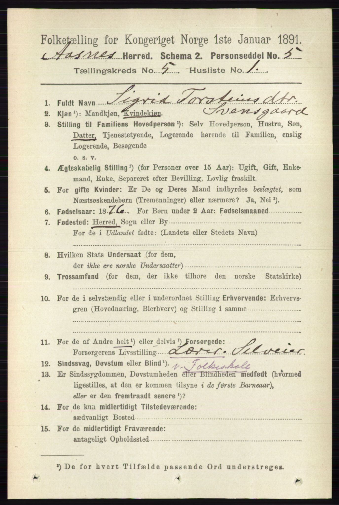 RA, 1891 census for 0425 Åsnes, 1891, p. 2434