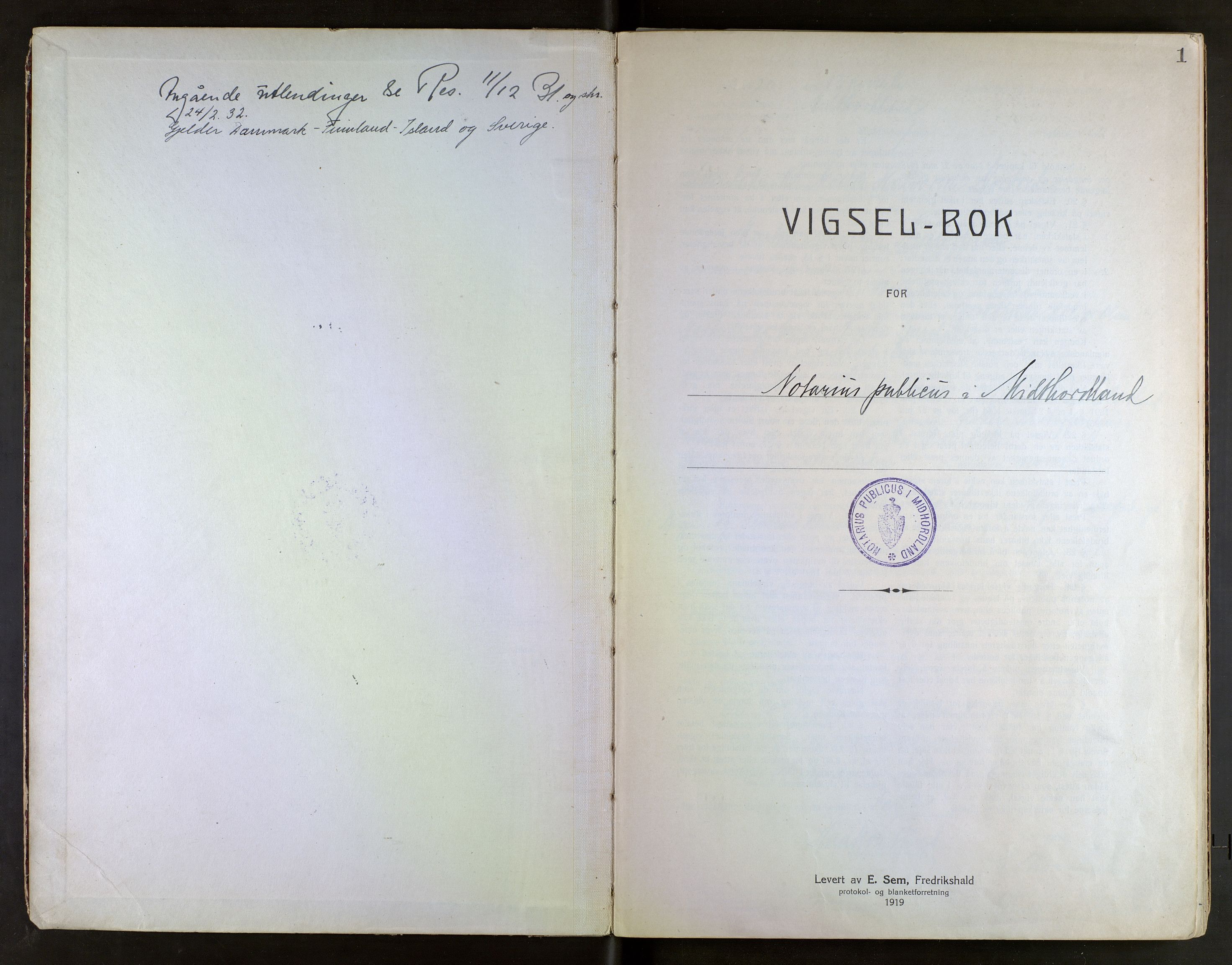 Midhordland sorenskriveri, AV/SAB-A-3001/1/M/Mc/Mca/L0001: Notarialbilag. Vigselbøker, 1920-1939, p. 1