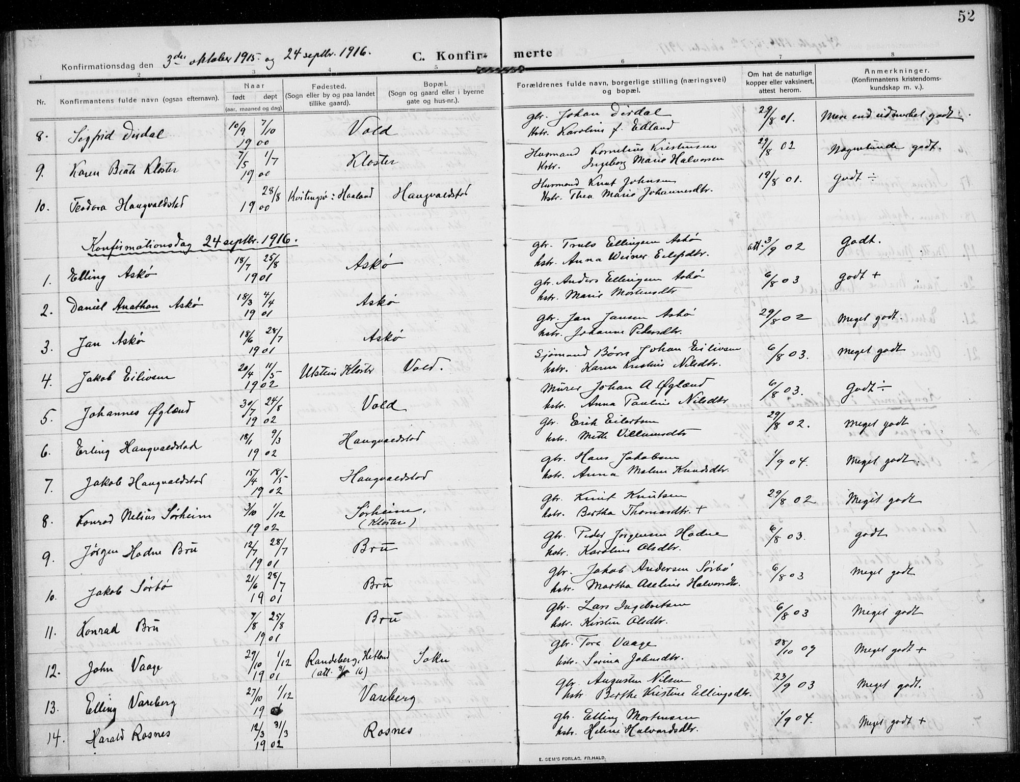 Rennesøy sokneprestkontor, AV/SAST-A -101827/H/Ha/Haa/L0017: Parish register (official) no. A 17, 1908-1926, p. 52