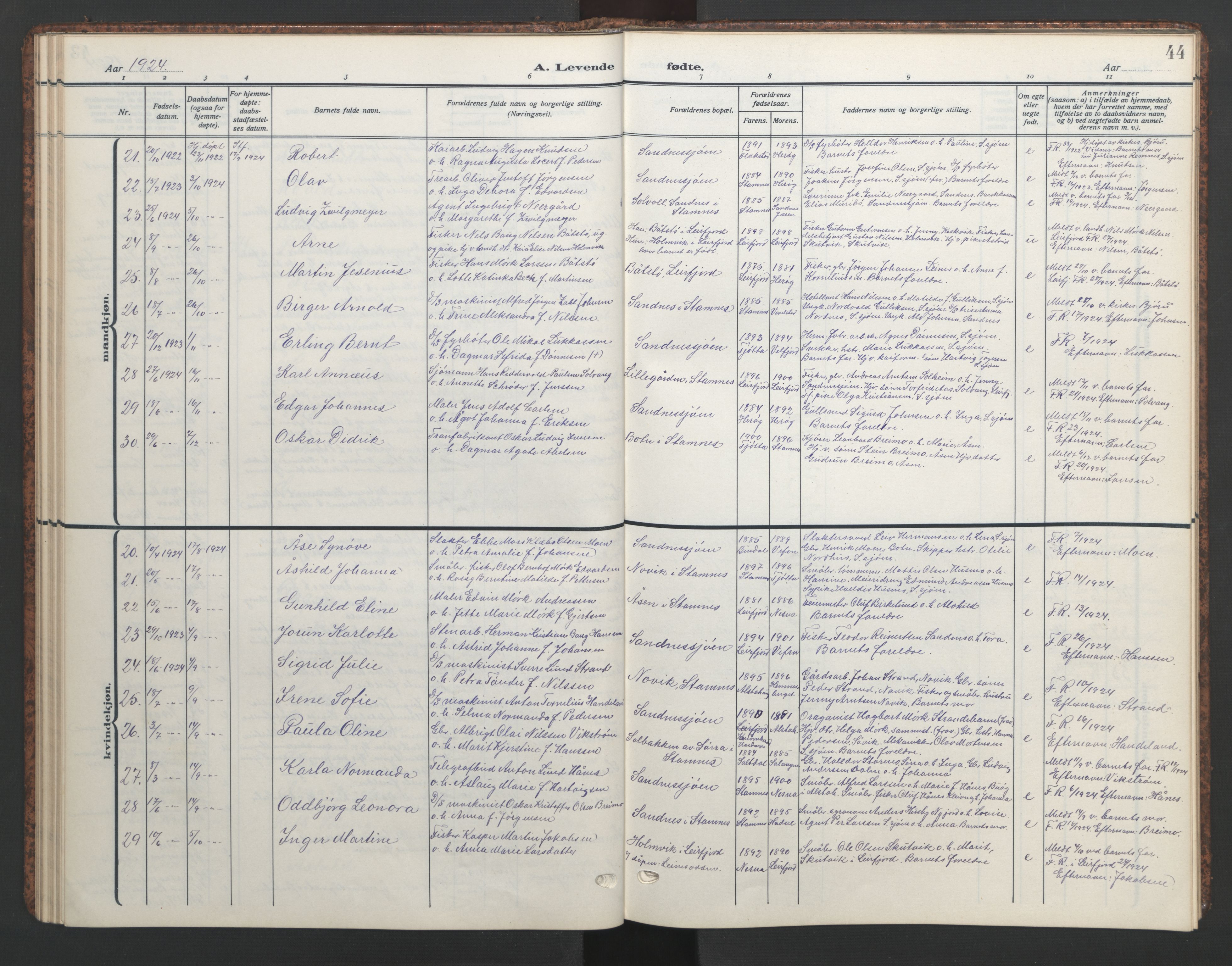 Ministerialprotokoller, klokkerbøker og fødselsregistre - Nordland, AV/SAT-A-1459/831/L0480: Parish register (copy) no. 831C07, 1909-1946, p. 44