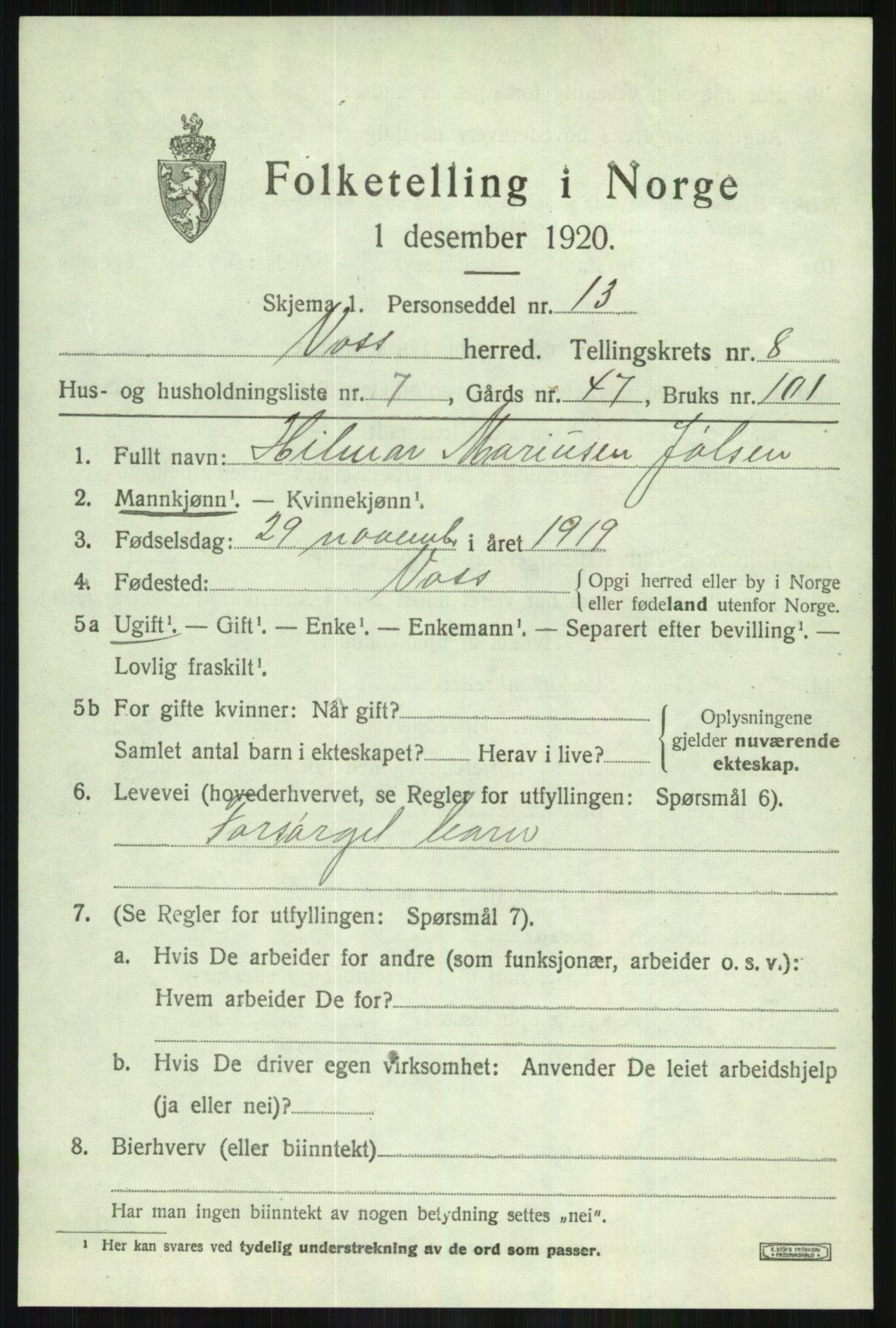 SAB, 1920 census for Voss, 1920, p. 7803