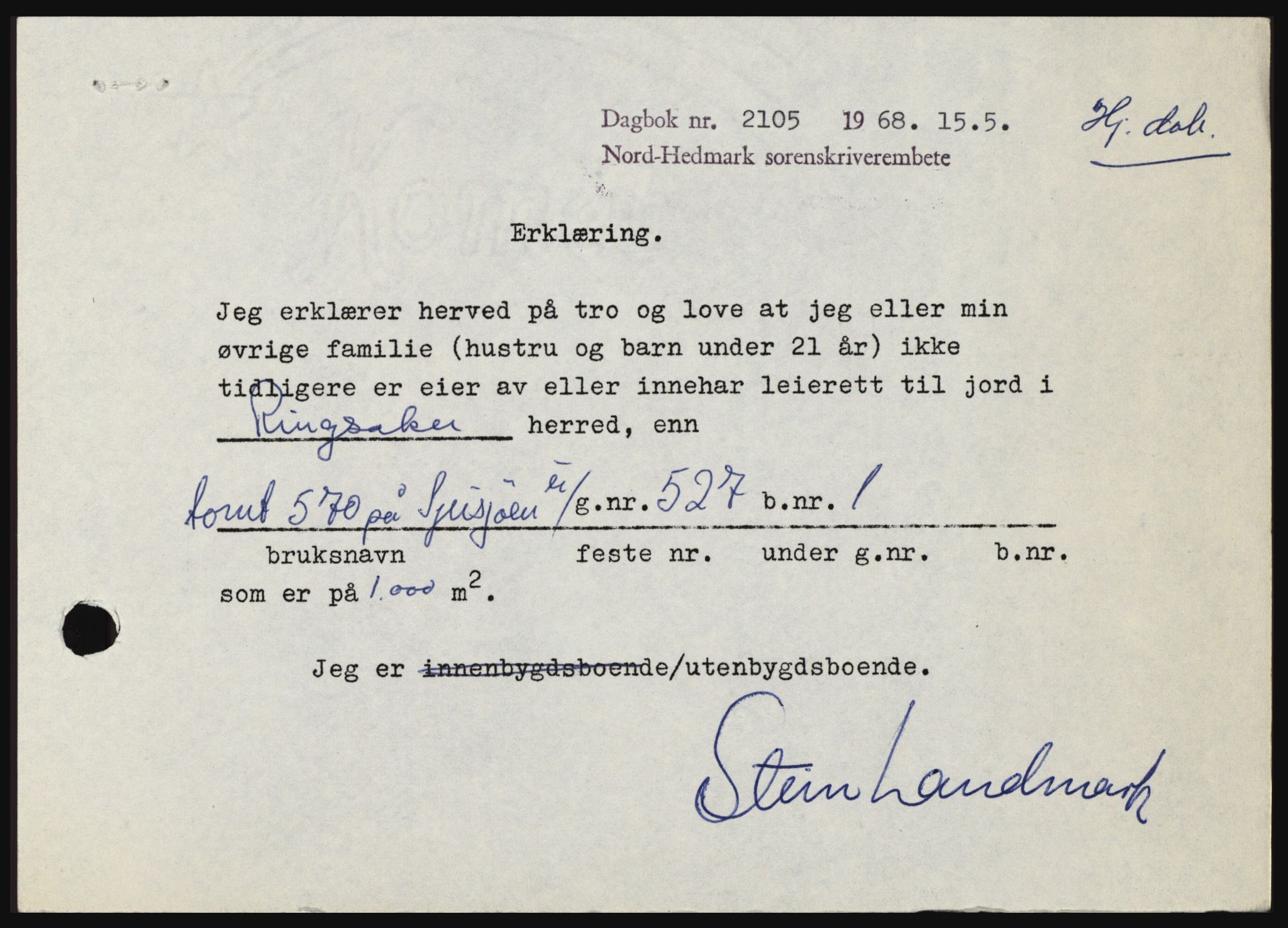 Nord-Hedmark sorenskriveri, SAH/TING-012/H/Hc/L0028: Mortgage book no. 28, 1968-1968, Diary no: : 2105/1968