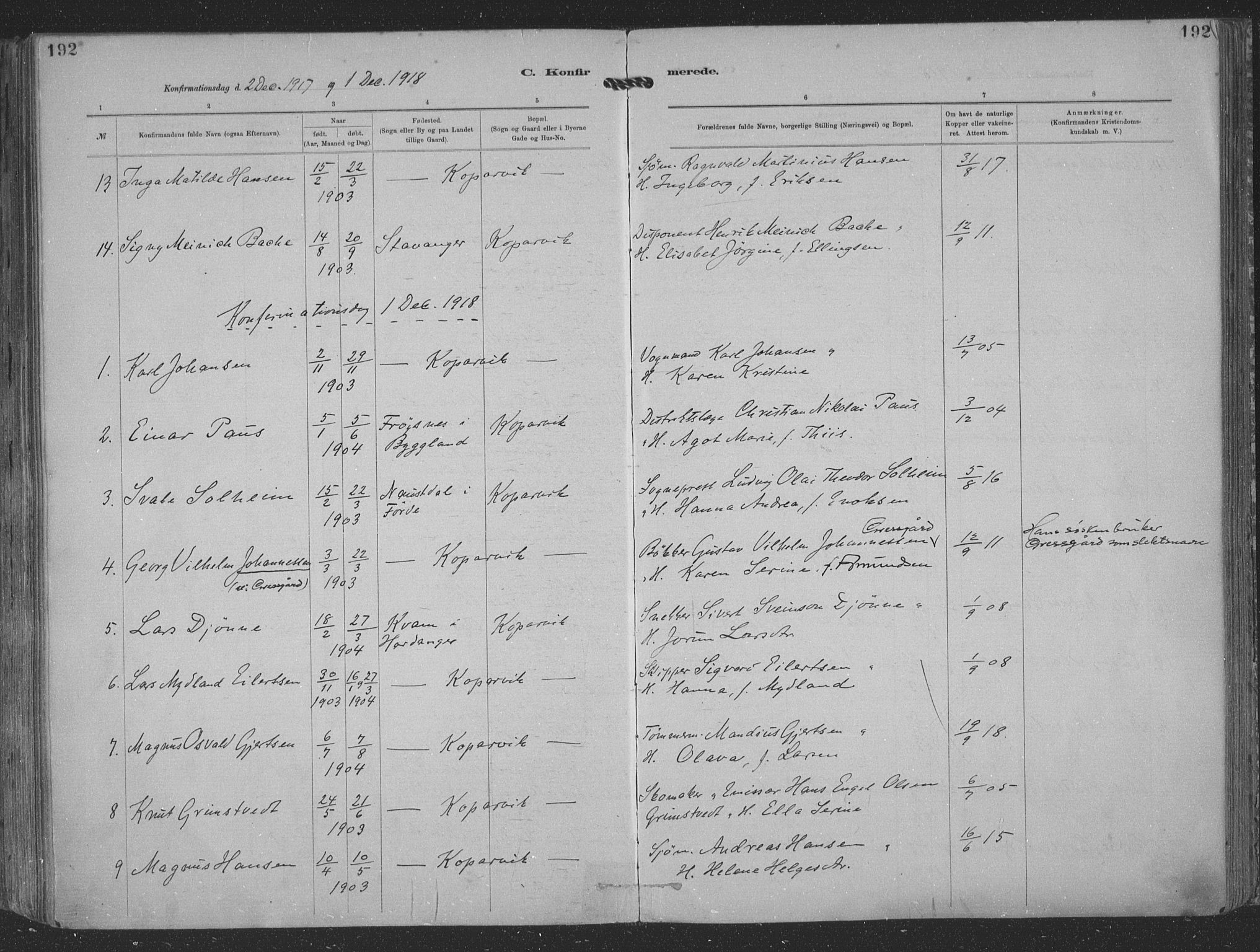 Kopervik sokneprestkontor, AV/SAST-A-101850/H/Ha/Haa/L0001: Parish register (official) no. A 1, 1880-1919, p. 192