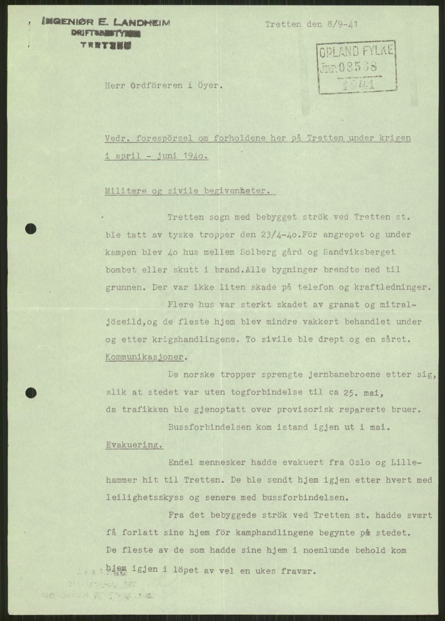 Forsvaret, Forsvarets krigshistoriske avdeling, AV/RA-RAFA-2017/Y/Ya/L0014: II-C-11-31 - Fylkesmenn.  Rapporter om krigsbegivenhetene 1940., 1940, p. 73