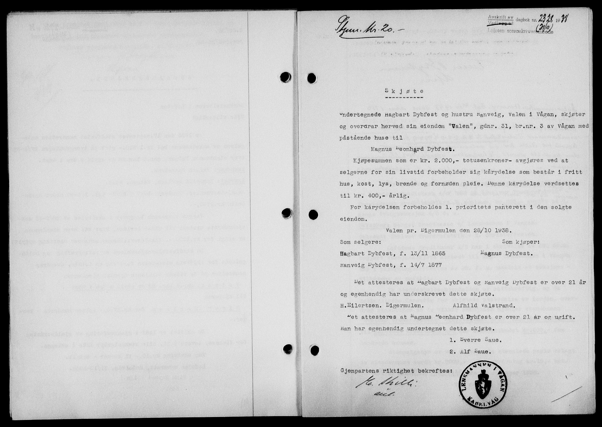 Lofoten sorenskriveri, SAT/A-0017/1/2/2C/L0004a: Mortgage book no. 4a, 1938-1938, Diary no: : 2328/1938
