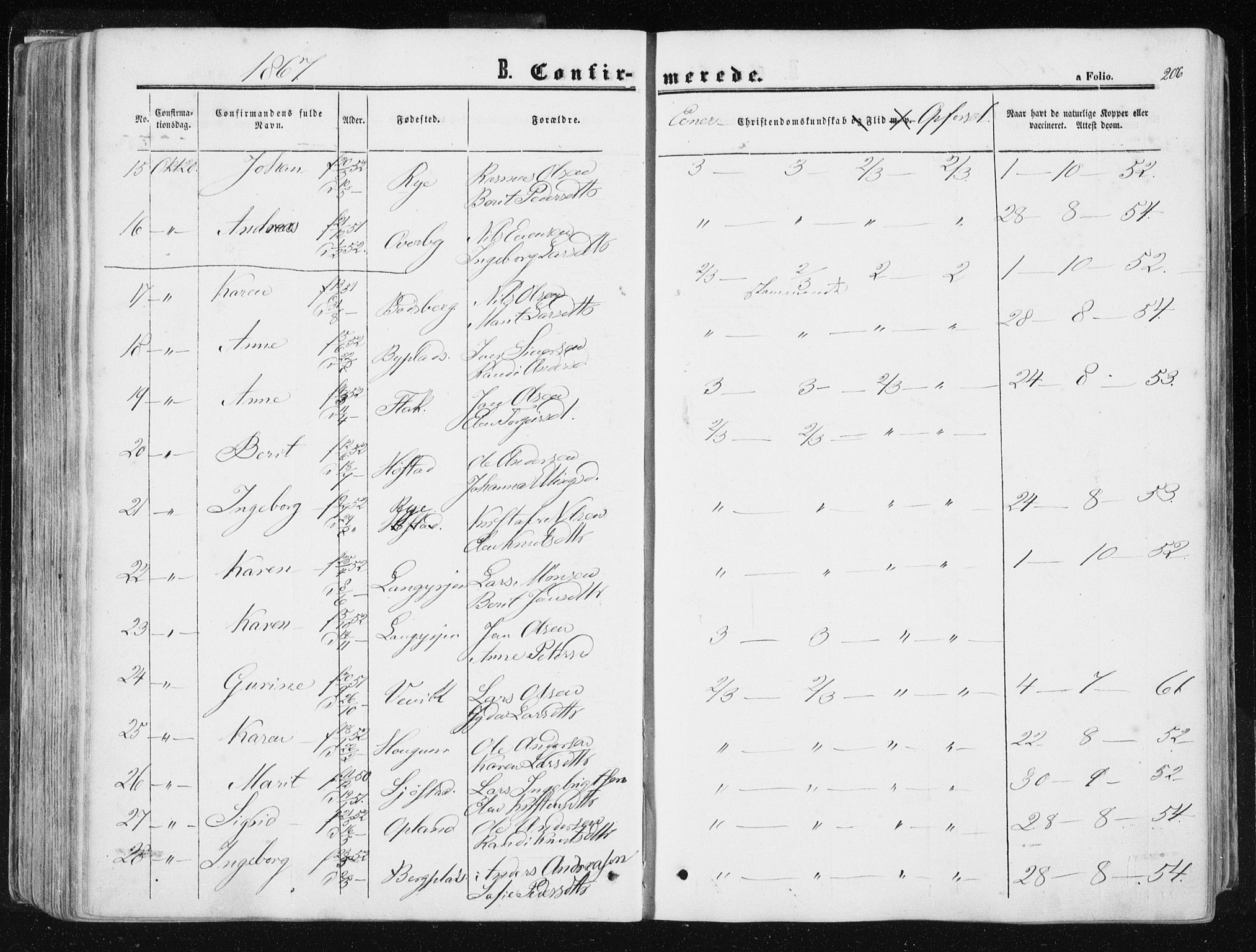 Ministerialprotokoller, klokkerbøker og fødselsregistre - Sør-Trøndelag, AV/SAT-A-1456/612/L0377: Parish register (official) no. 612A09, 1859-1877, p. 206