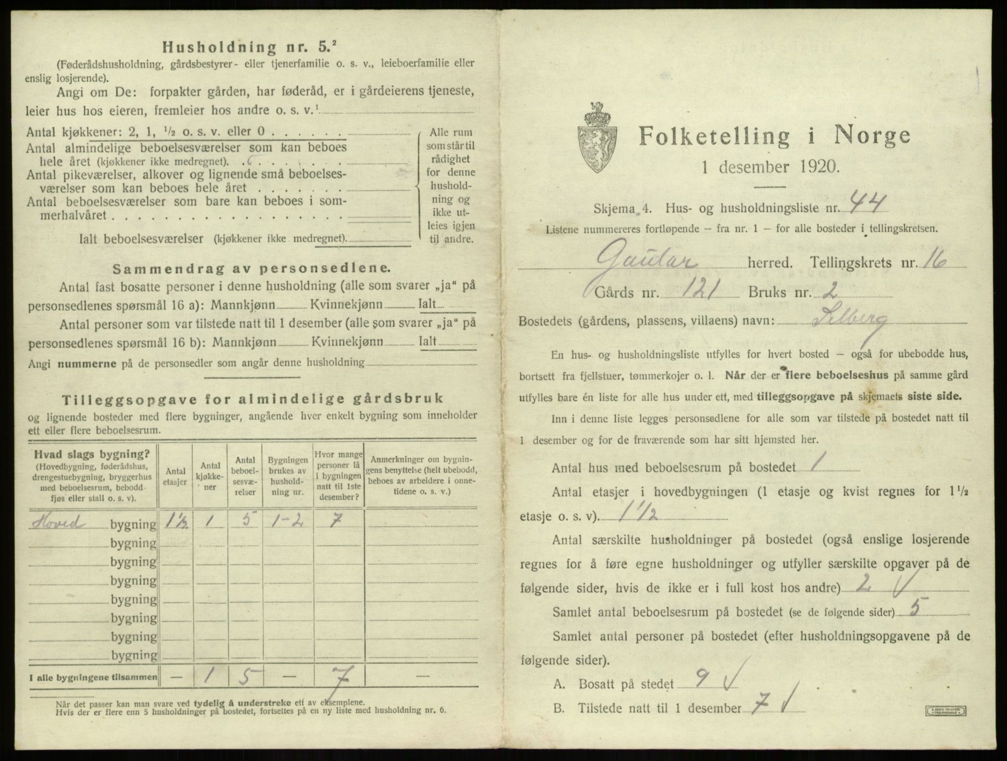 SAB, 1920 census for Gaular, 1920, p. 1191