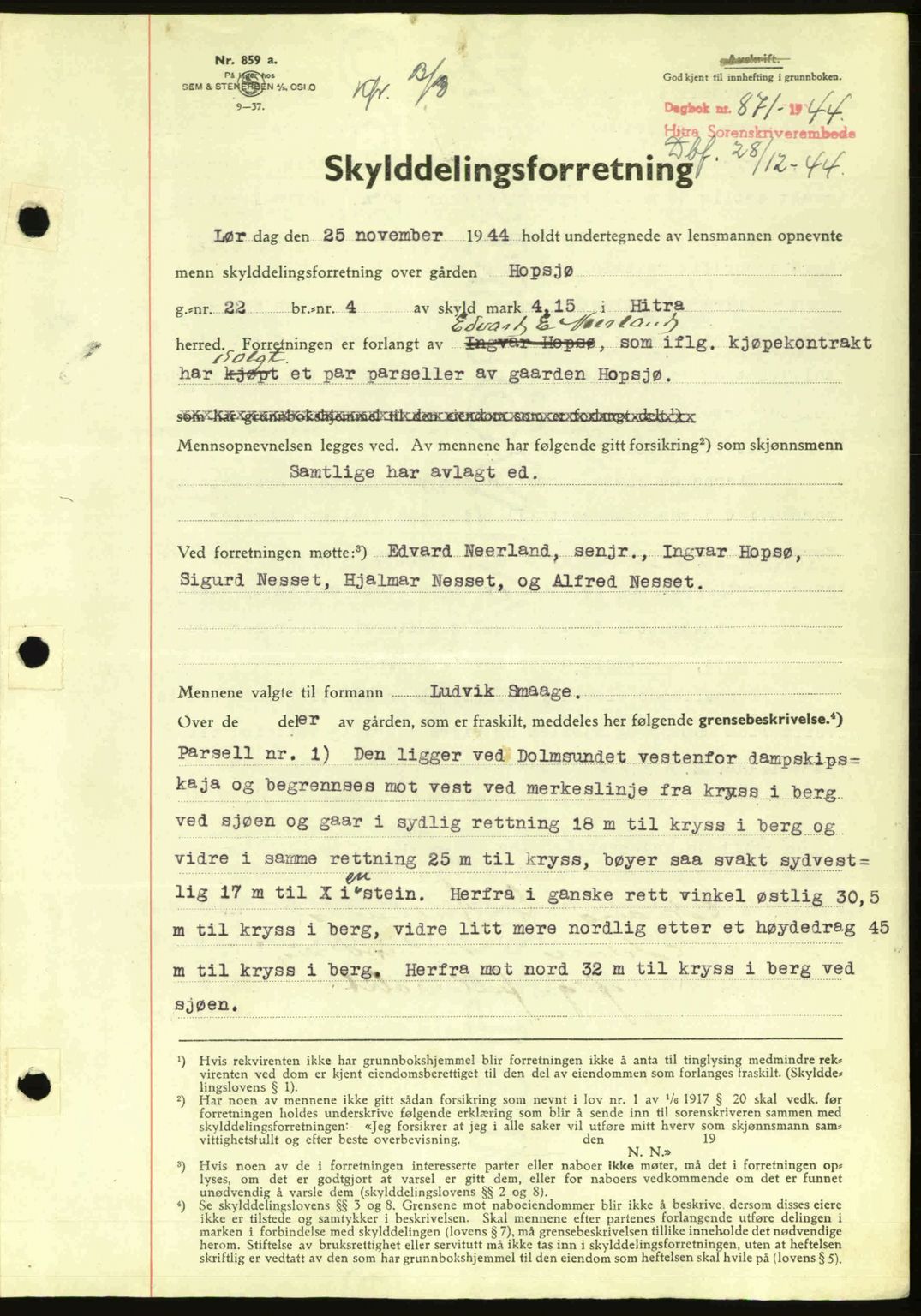 Hitra sorenskriveri, AV/SAT-A-0018/2/2C/2Ca: Mortgage book no. A2, 1943-1945, Diary no: : 871/1944