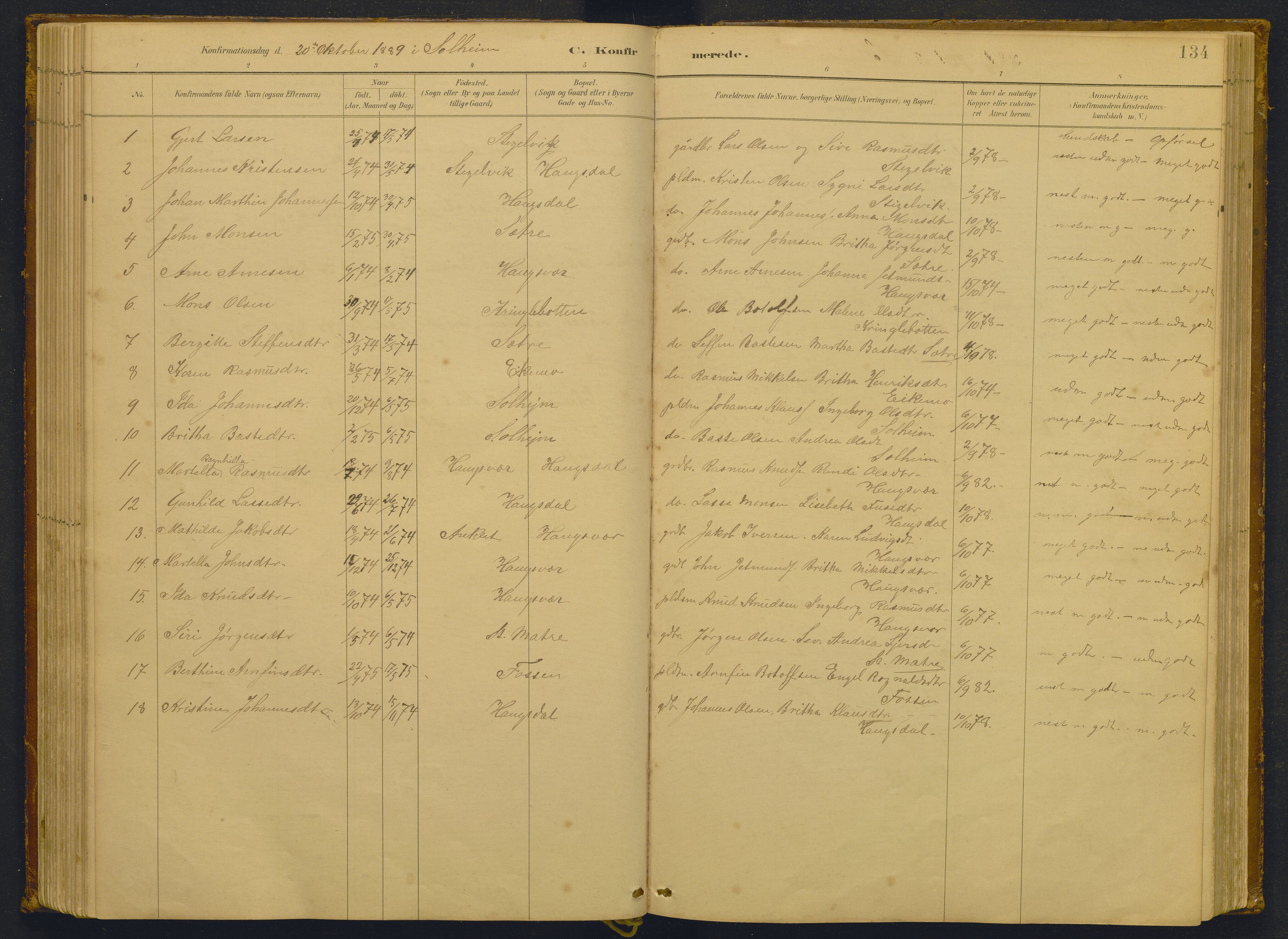 Masfjorden sokneprestembete, AV/SAB-A-77001: Parish register (copy) no. -, 1882-1933, p. 134