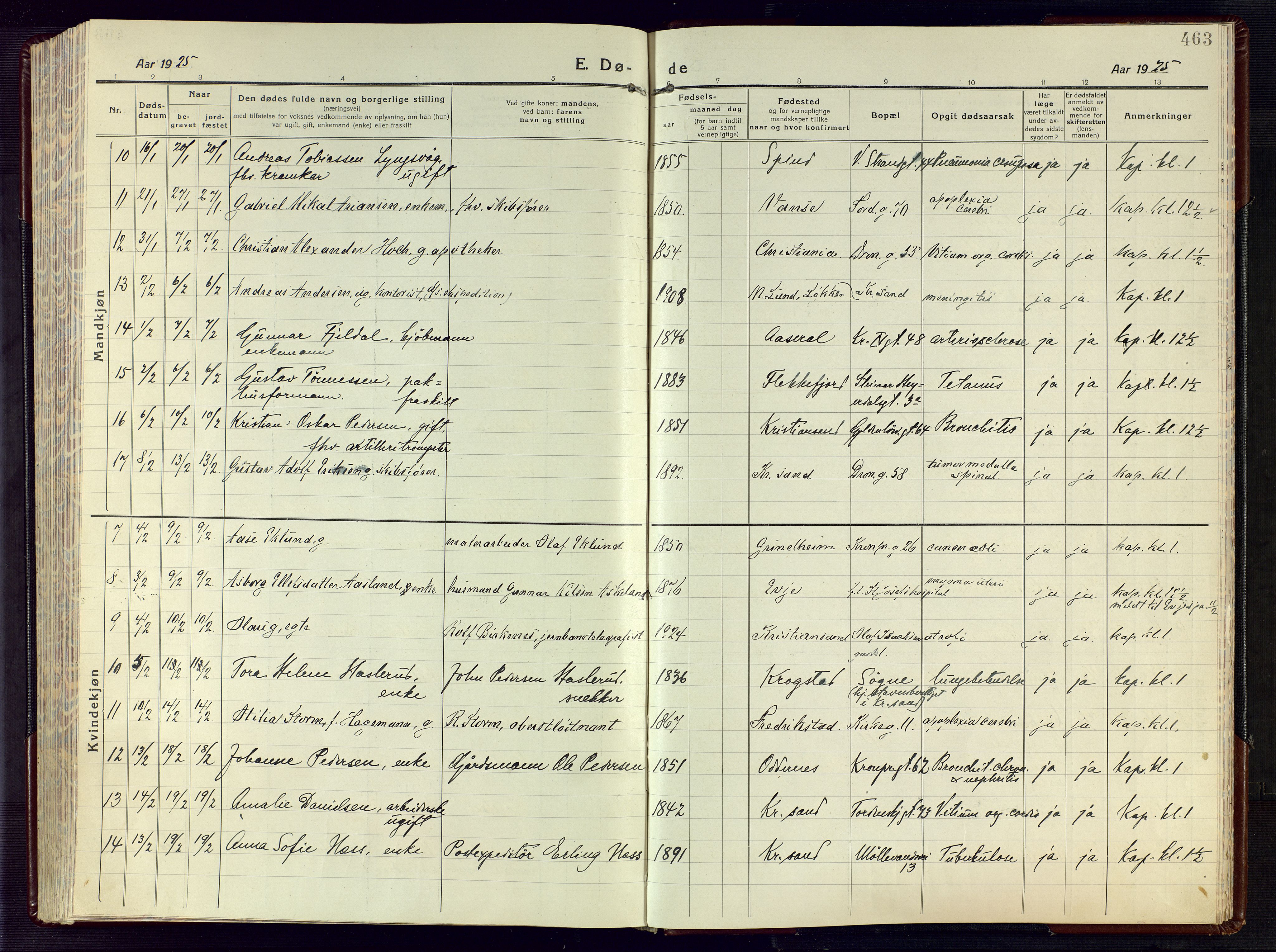 Kristiansand domprosti, AV/SAK-1112-0006/F/Fa/L0028: Parish register (official) no. A 27, 1917-1926, p. 463