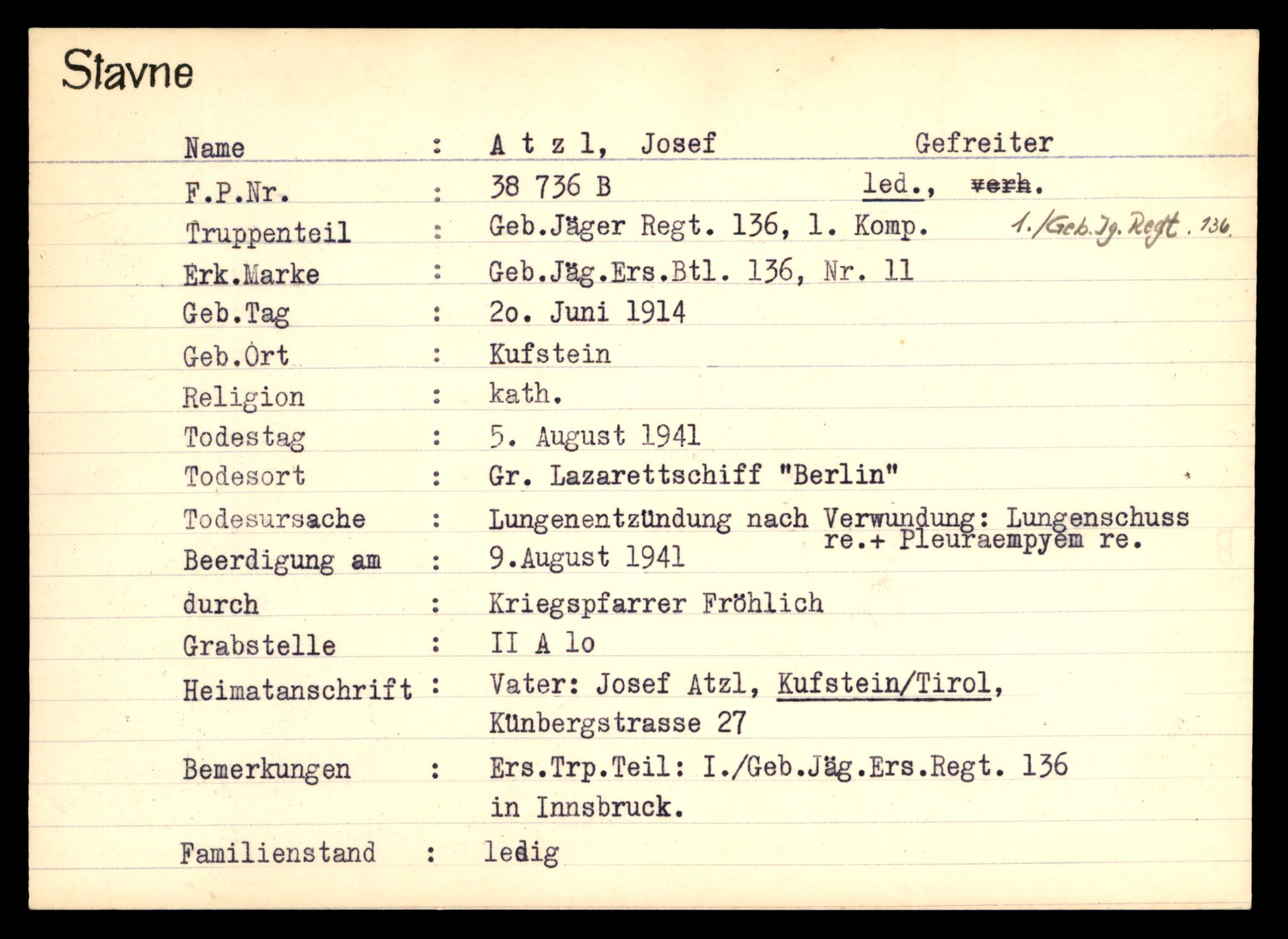 Distriktskontoret for krigsgraver, AV/SAT-A-5030/E/L0003: Kasett/kartotek over tysk Krigskirkegård Stavne, 1945, p. 29