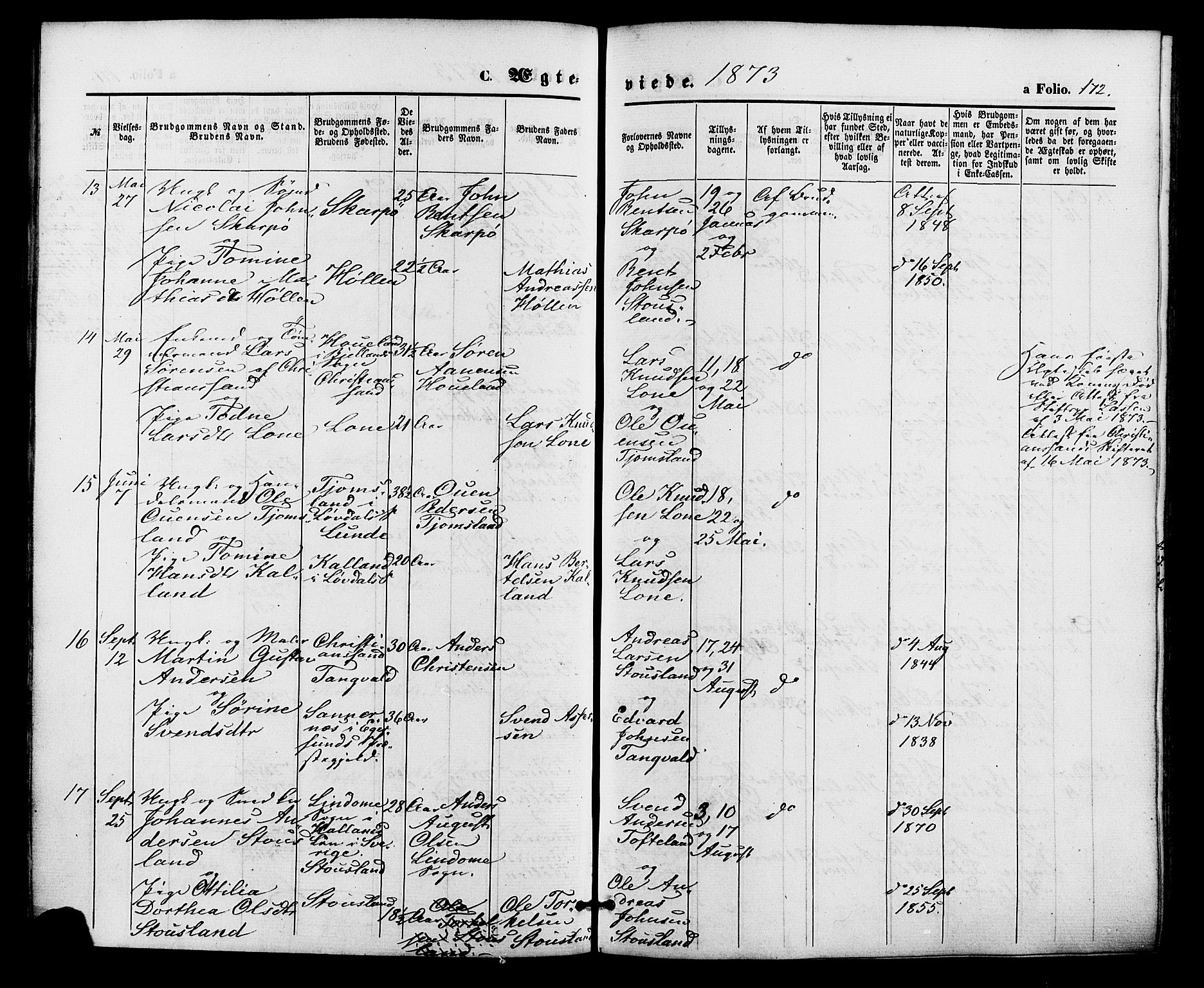 Søgne sokneprestkontor, AV/SAK-1111-0037/F/Fa/Fab/L0011: Parish register (official) no. A 11, 1869-1879, p. 172