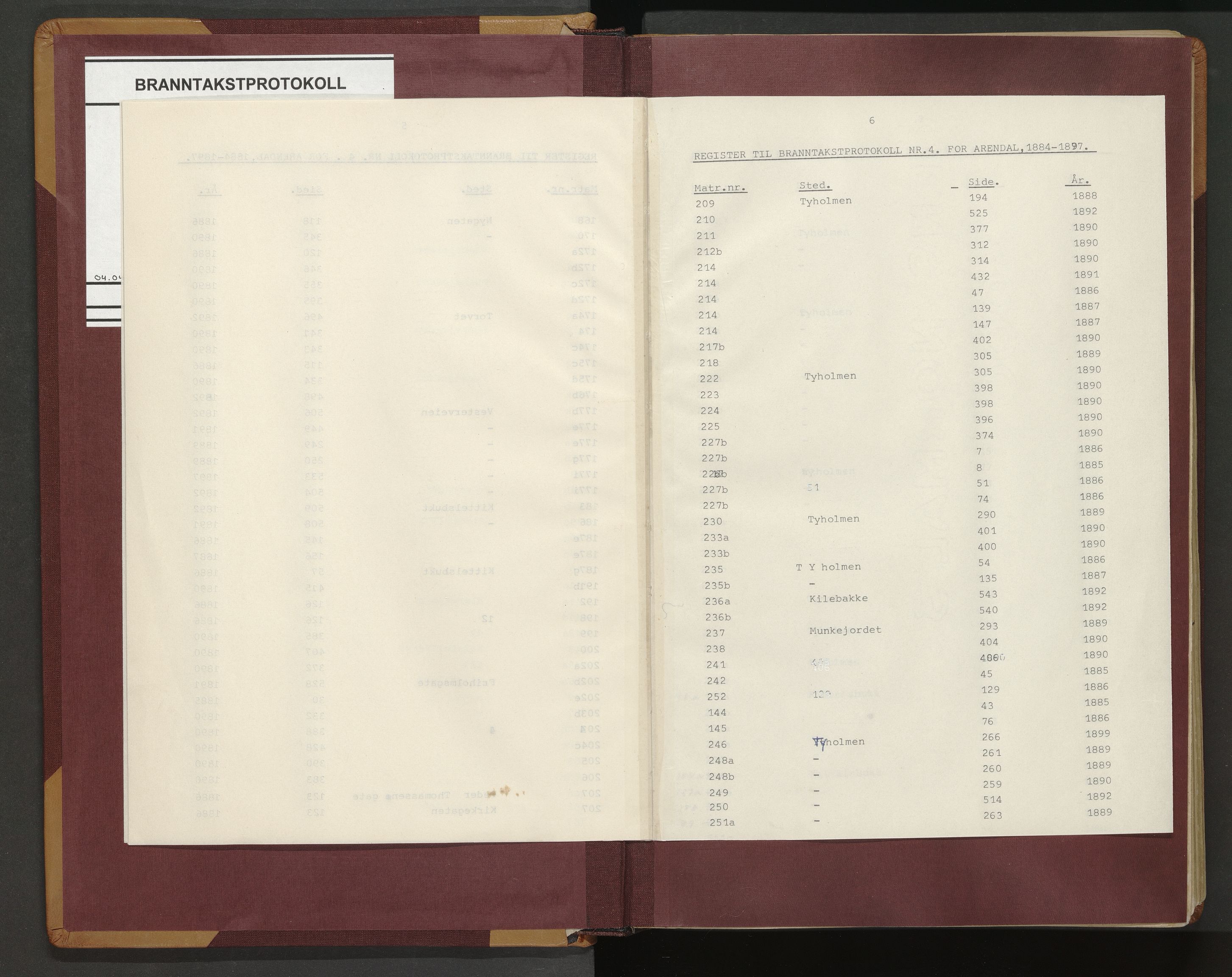 Norges Brannkasse Arendal, AV/SAK-2241-0002/F/Fa/L0021: Branntakstprotokoll nr. 19 med matrikkelnummerregister, 1884-1897