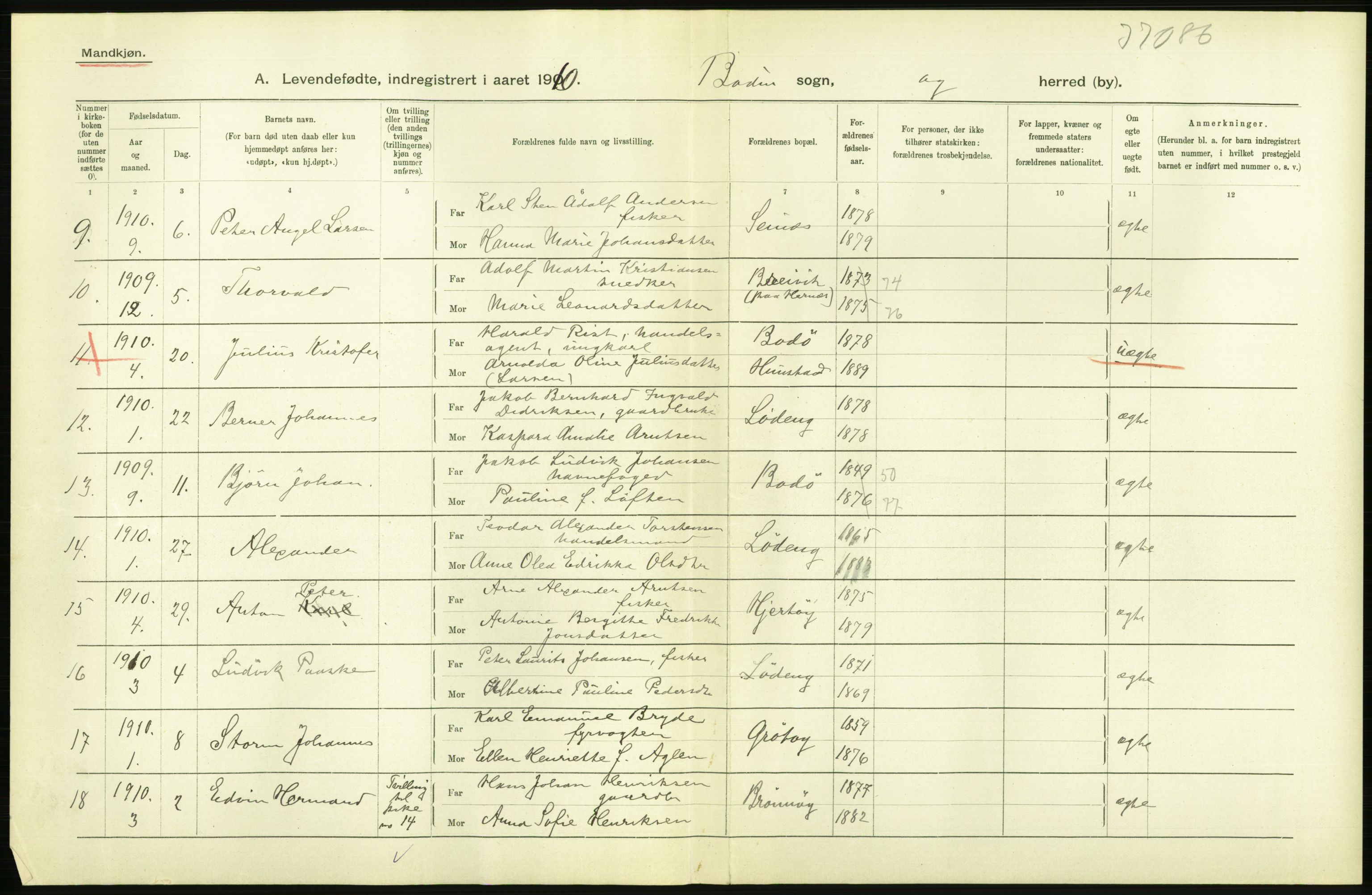 Statistisk sentralbyrå, Sosiodemografiske emner, Befolkning, AV/RA-S-2228/D/Df/Dfa/Dfah/L0040: Nordlands amt: Levendefødte menn og kvinner. Bygder., 1910, p. 40