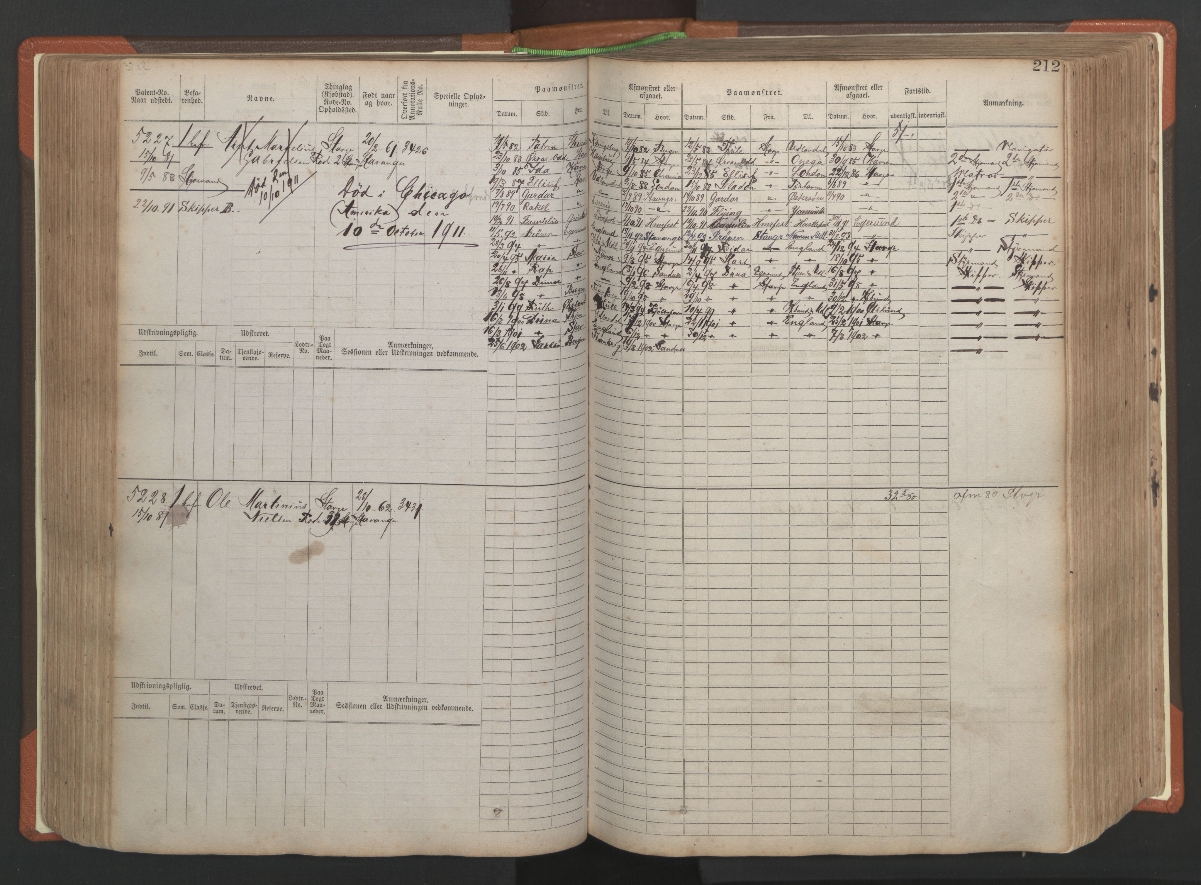 Stavanger sjømannskontor, AV/SAST-A-102006/F/Fb/Fbb/L0009: Sjøfartshovedrulle, patentnr. 4805-6006, 1879-1887, p. 218