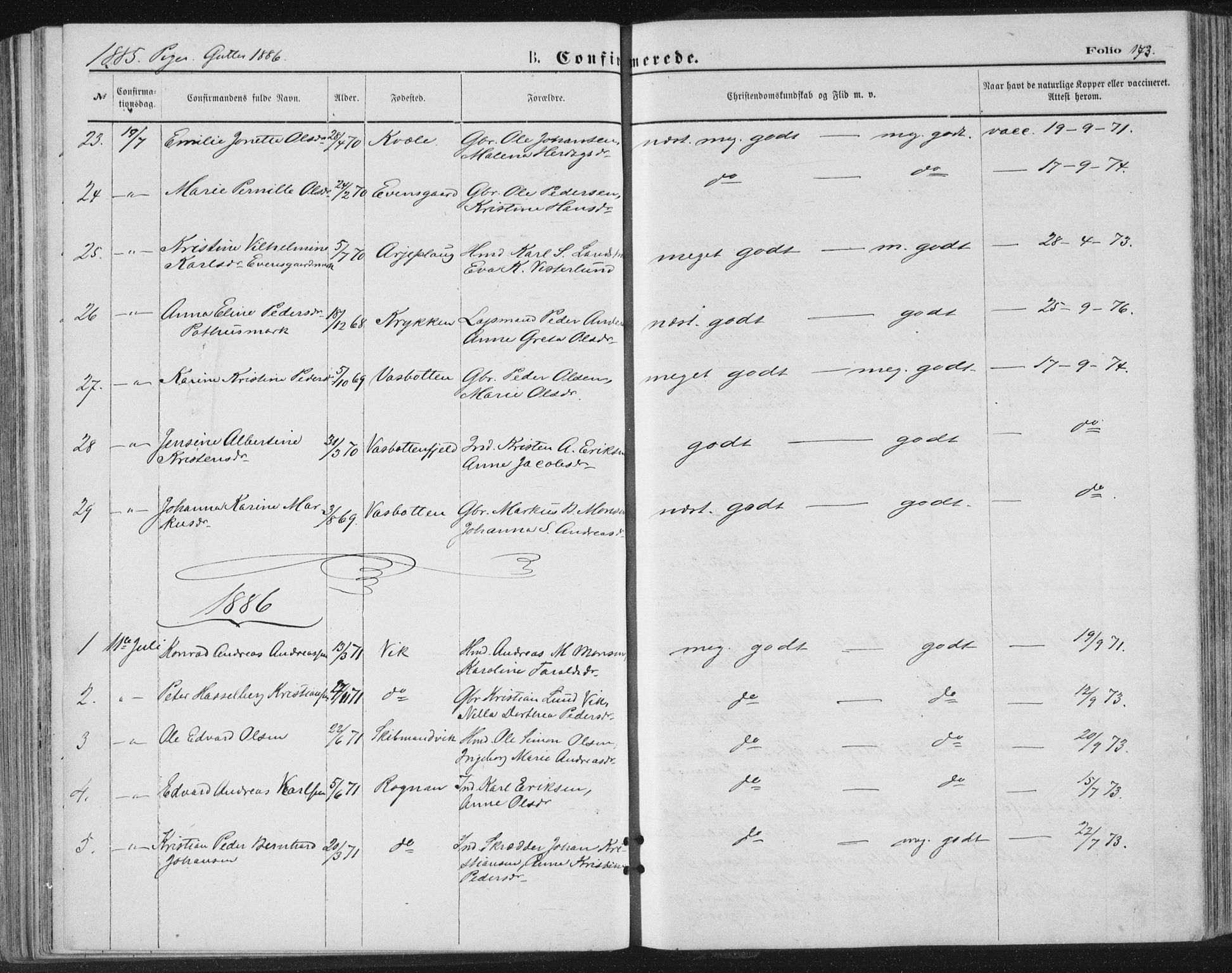 Ministerialprotokoller, klokkerbøker og fødselsregistre - Nordland, SAT/A-1459/847/L0668: Parish register (official) no. 847A08, 1872-1886, p. 173