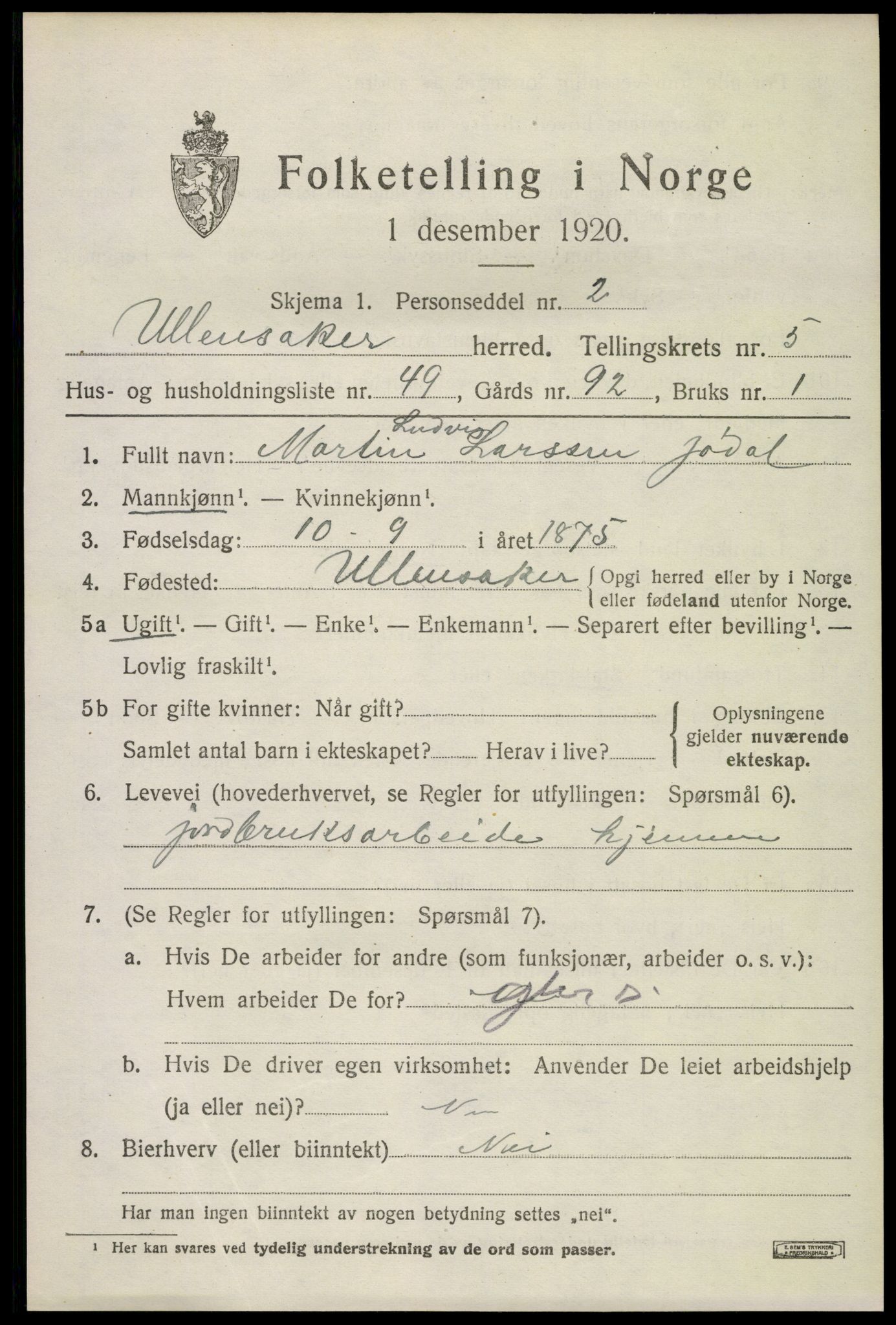 SAO, 1920 census for Ullensaker, 1920, p. 9661