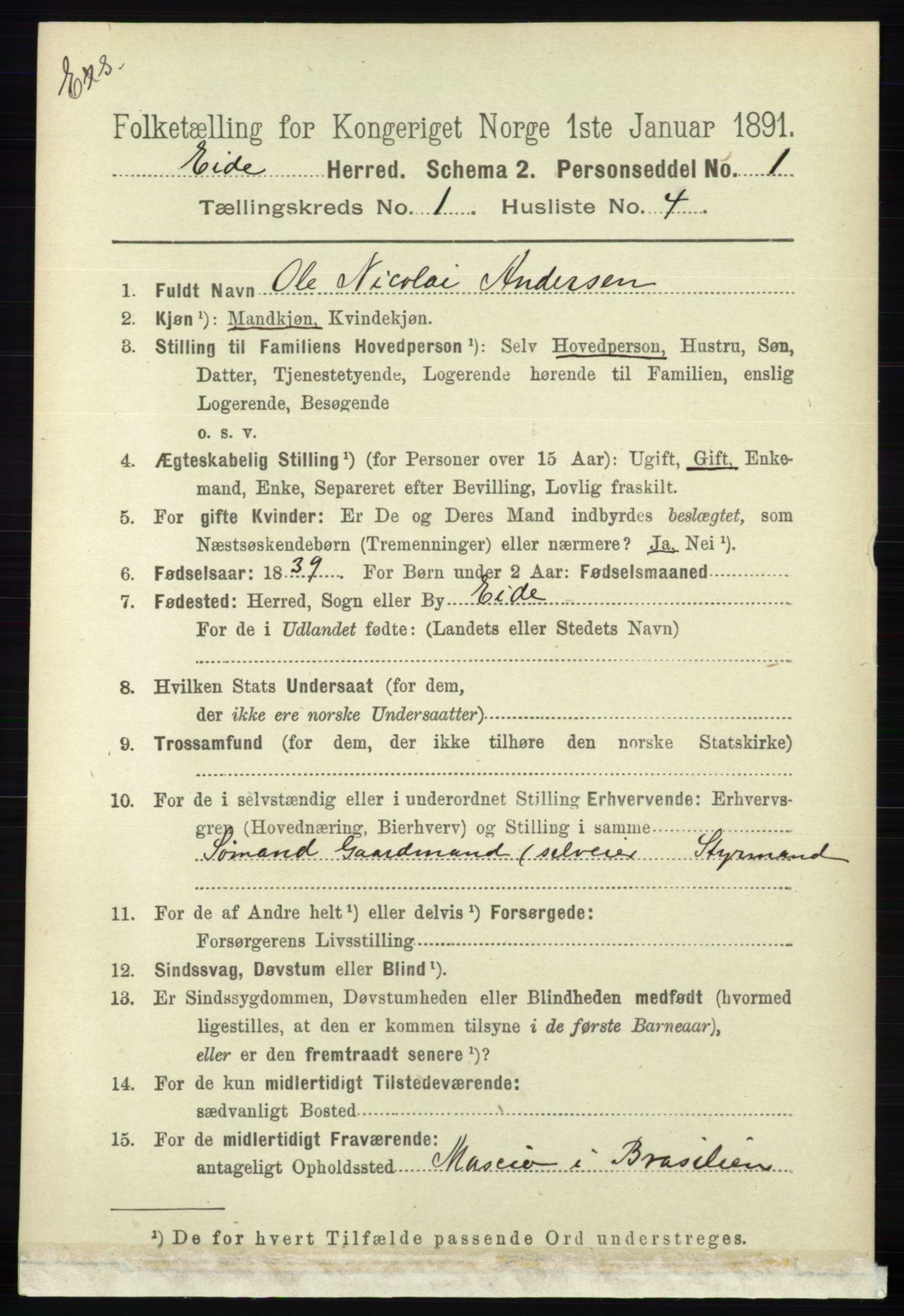 RA, Census 1891 for Nedenes amt: Gjenparter av personsedler for beslektede ektefeller, menn, 1891, p. 778