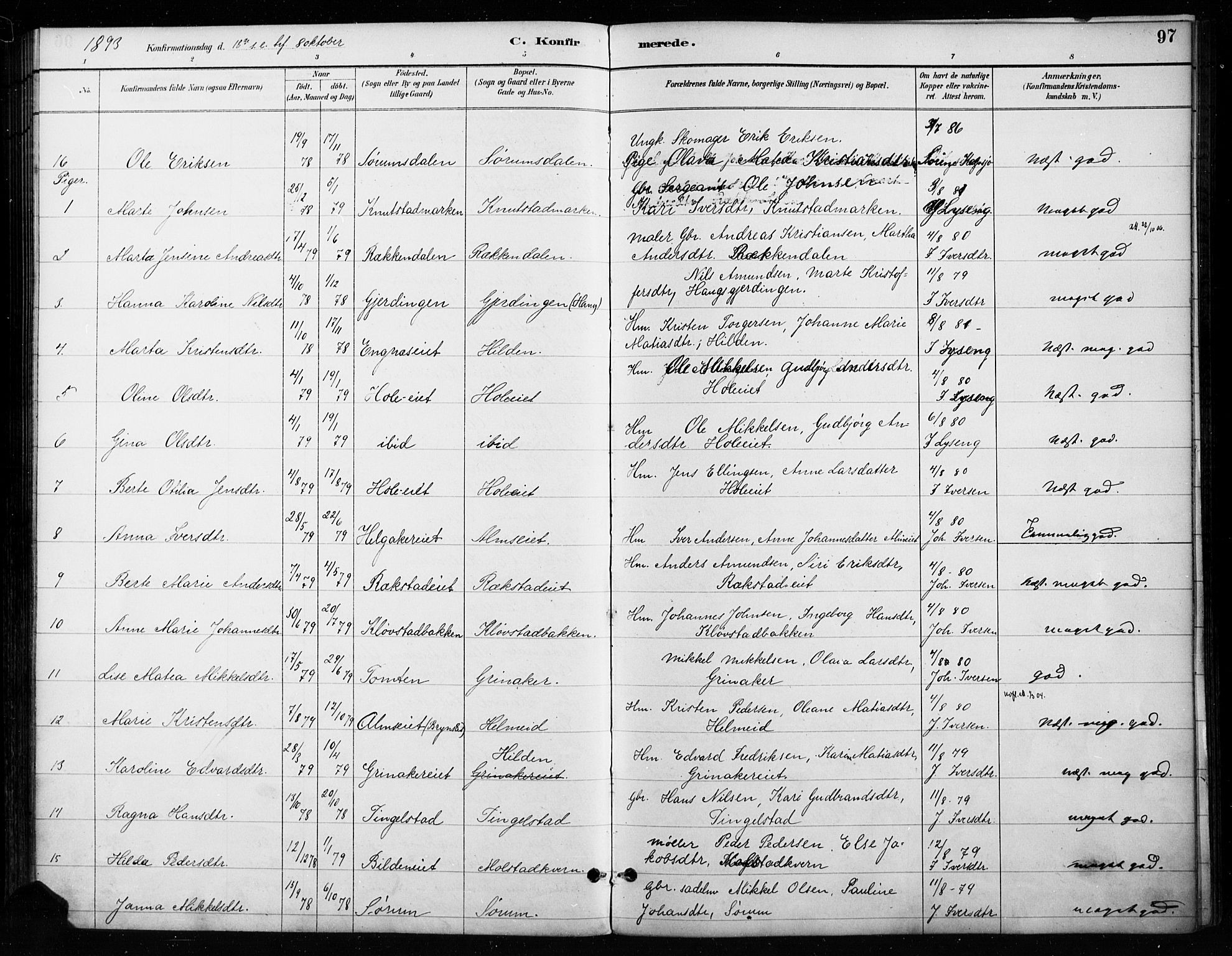 Gran prestekontor, SAH/PREST-112/H/Ha/Haa/L0018: Parish register (official) no. 18, 1889-1899, p. 97