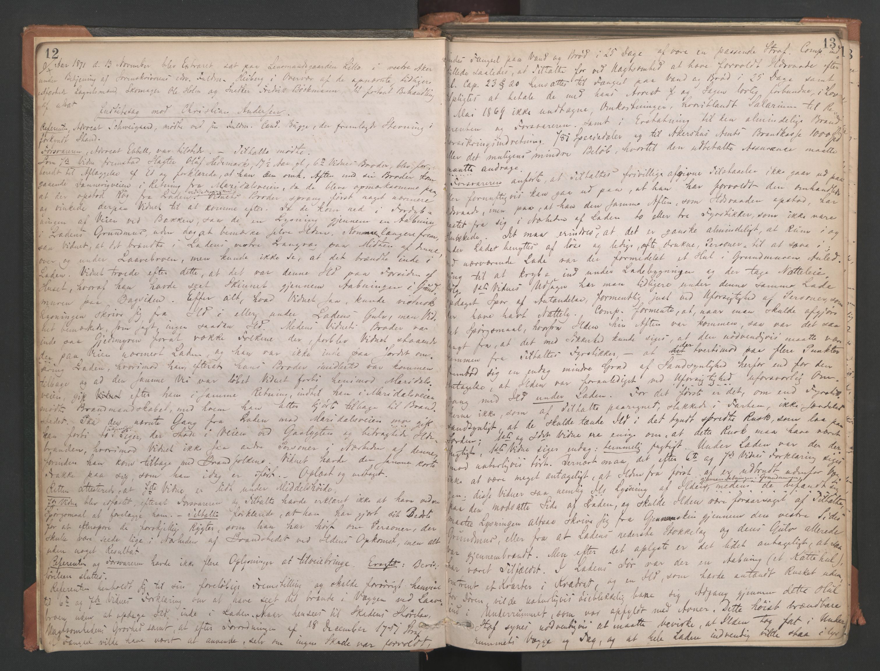Aker sorenskriveri, AV/SAO-A-10895/F/Fc/Fcb/L0040: Ekstrarettsprotokoll, 1871-1874, p. 12-13