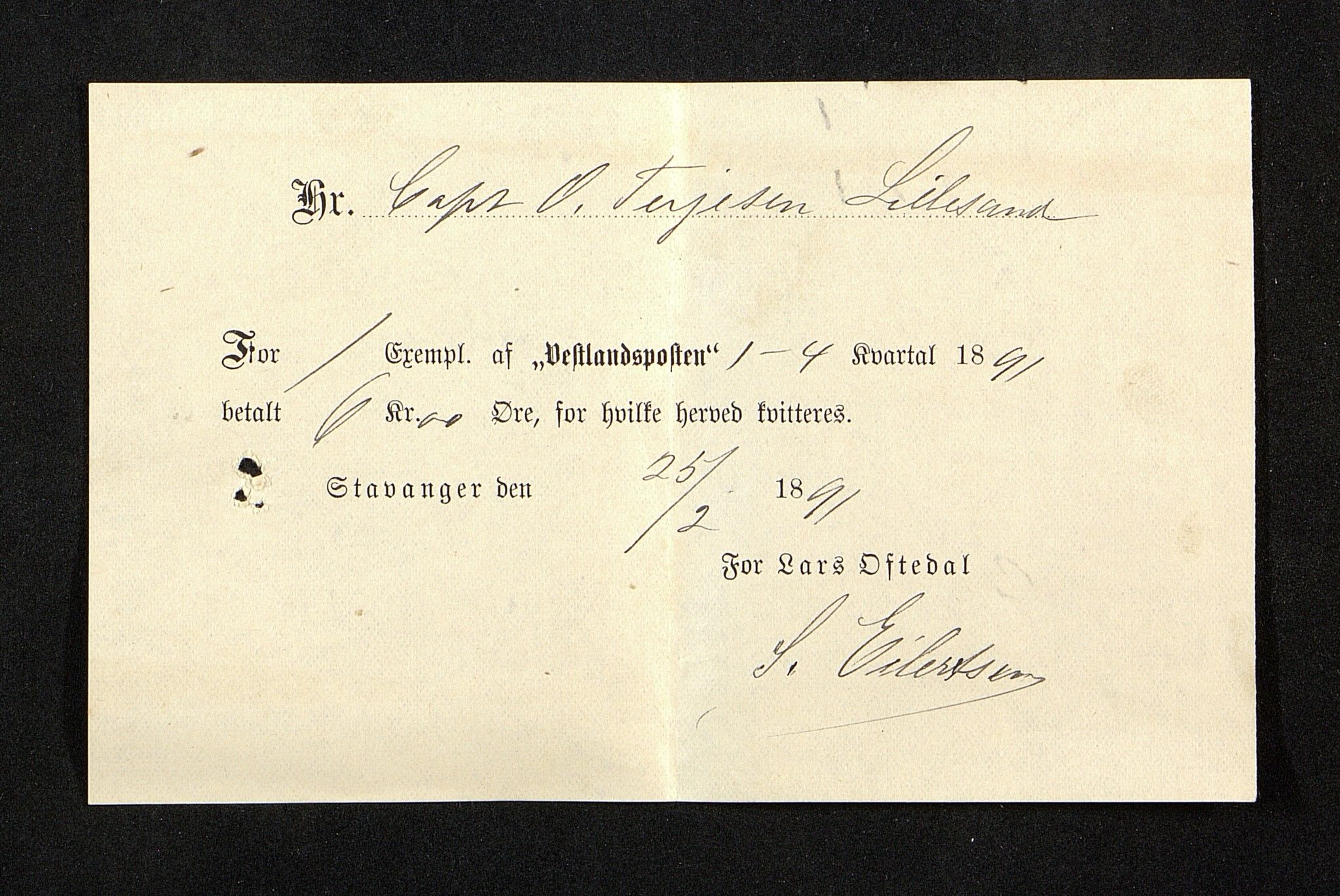 O. Terjesens rederi, AAKS/PA-2525/R/R02/L0001: Regnskapsbilag, 1884-1898