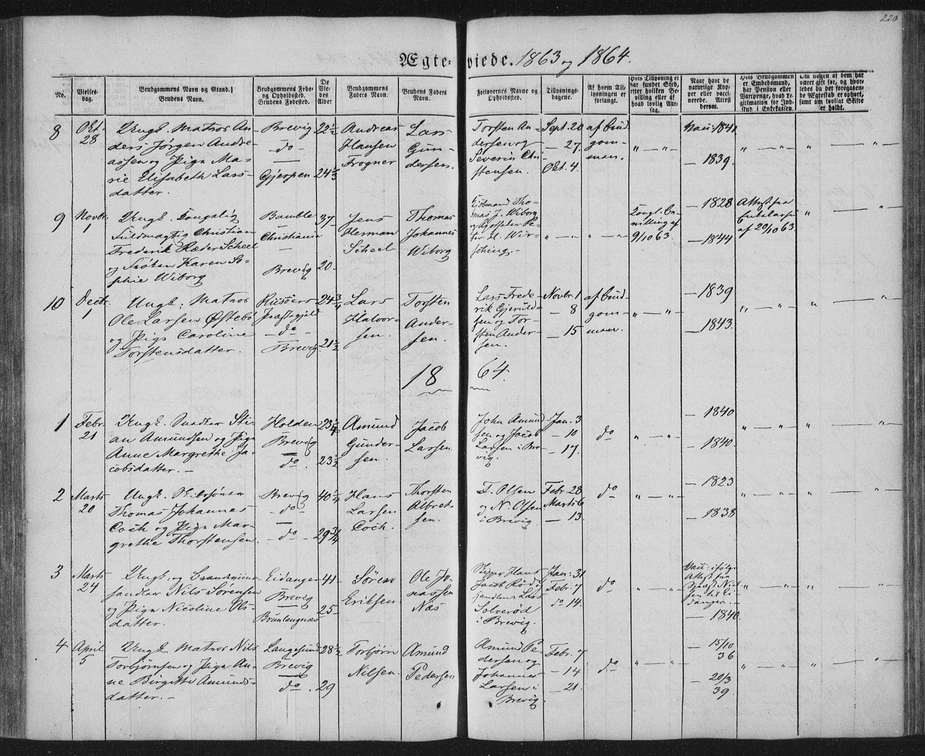 Brevik kirkebøker, AV/SAKO-A-255/F/Fa/L0005: Parish register (official) no. 5, 1847-1865, p. 220