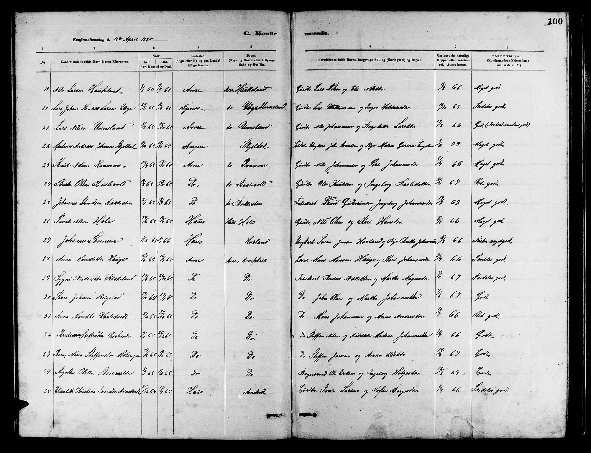 Arna sokneprestembete, AV/SAB-A-74001/H/Ha/Hab: Parish register (copy) no. A 2, 1878-1887, p. 100