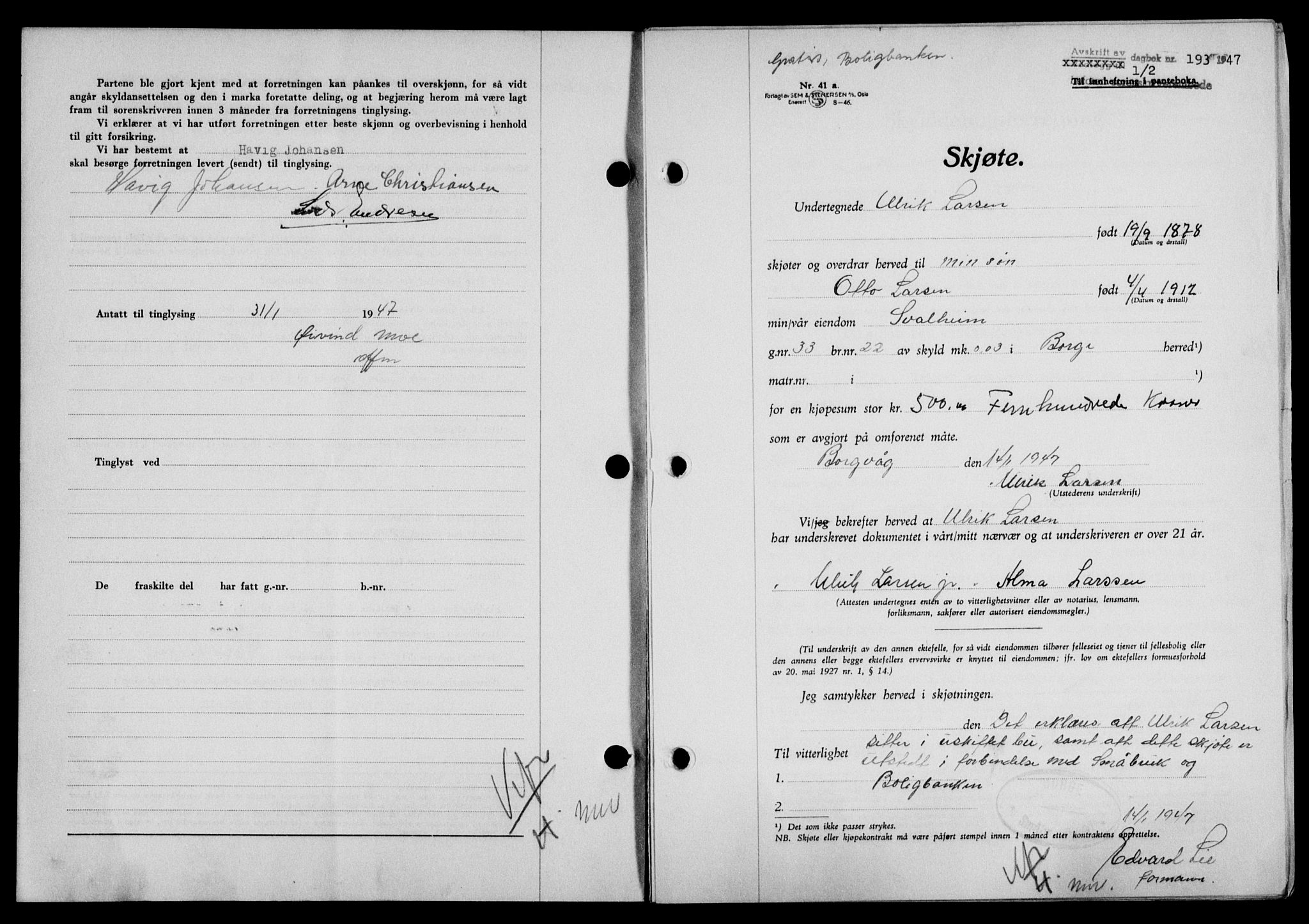 Lofoten sorenskriveri, SAT/A-0017/1/2/2C/L0015a: Mortgage book no. 15a, 1946-1947, Diary no: : 193/1947