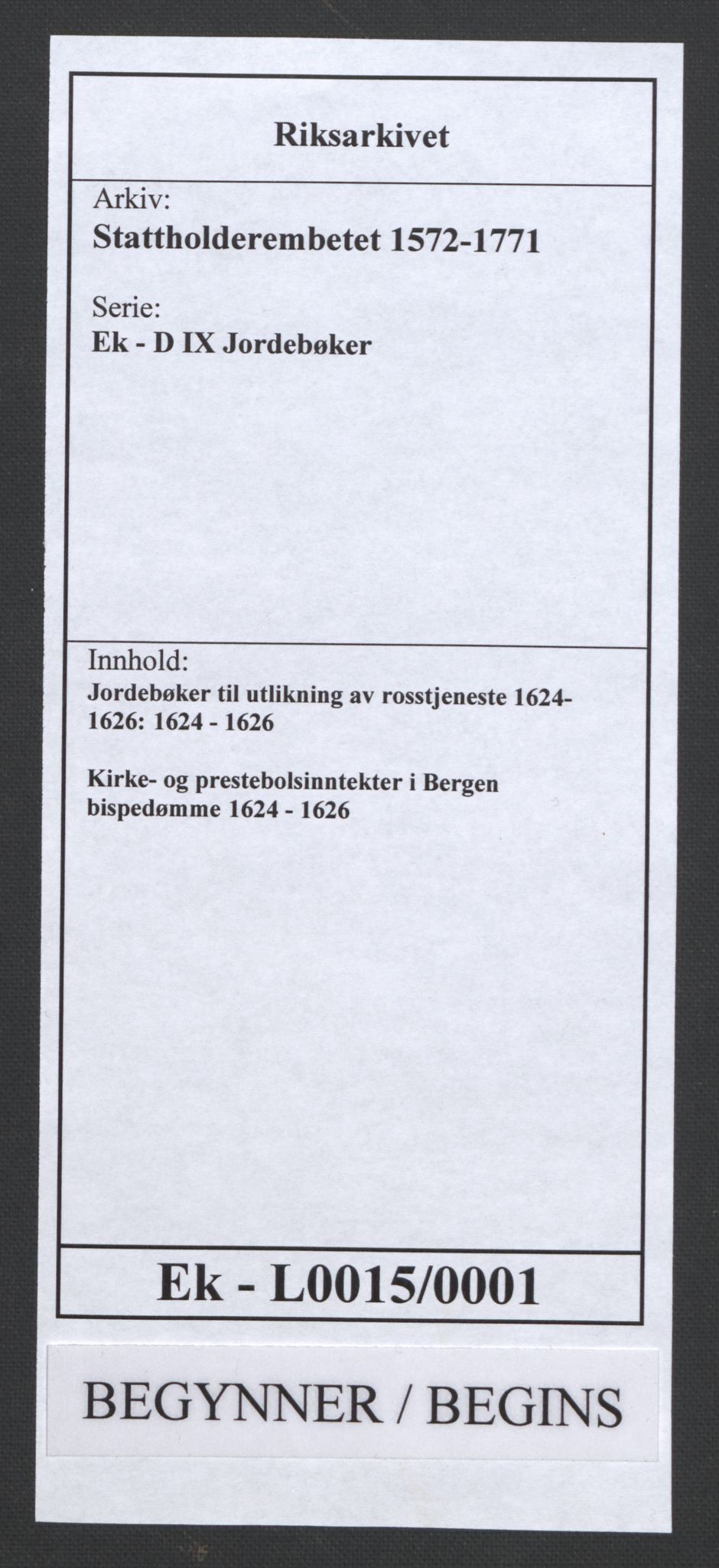 Stattholderembetet 1572-1771, RA/EA-2870/Ek/L0015/0001: Jordebøker til utlikning av rosstjeneste 1624-1626: / Kirke- og prestebolsinntekter i Bergen bispedømme, 1624-1626, p. 1