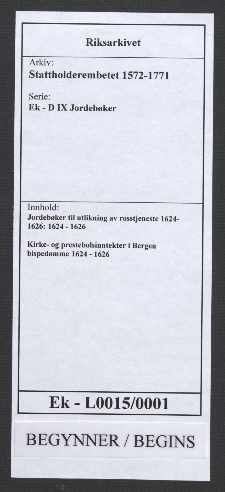 Stattholderembetet 1572-1771, AV/RA-EA-2870/Ek/L0015/0001: Jordebøker til utlikning av rosstjeneste 1624-1626: / Kirke- og prestebolsinntekter i Bergen bispedømme, 1624-1626, p. 1