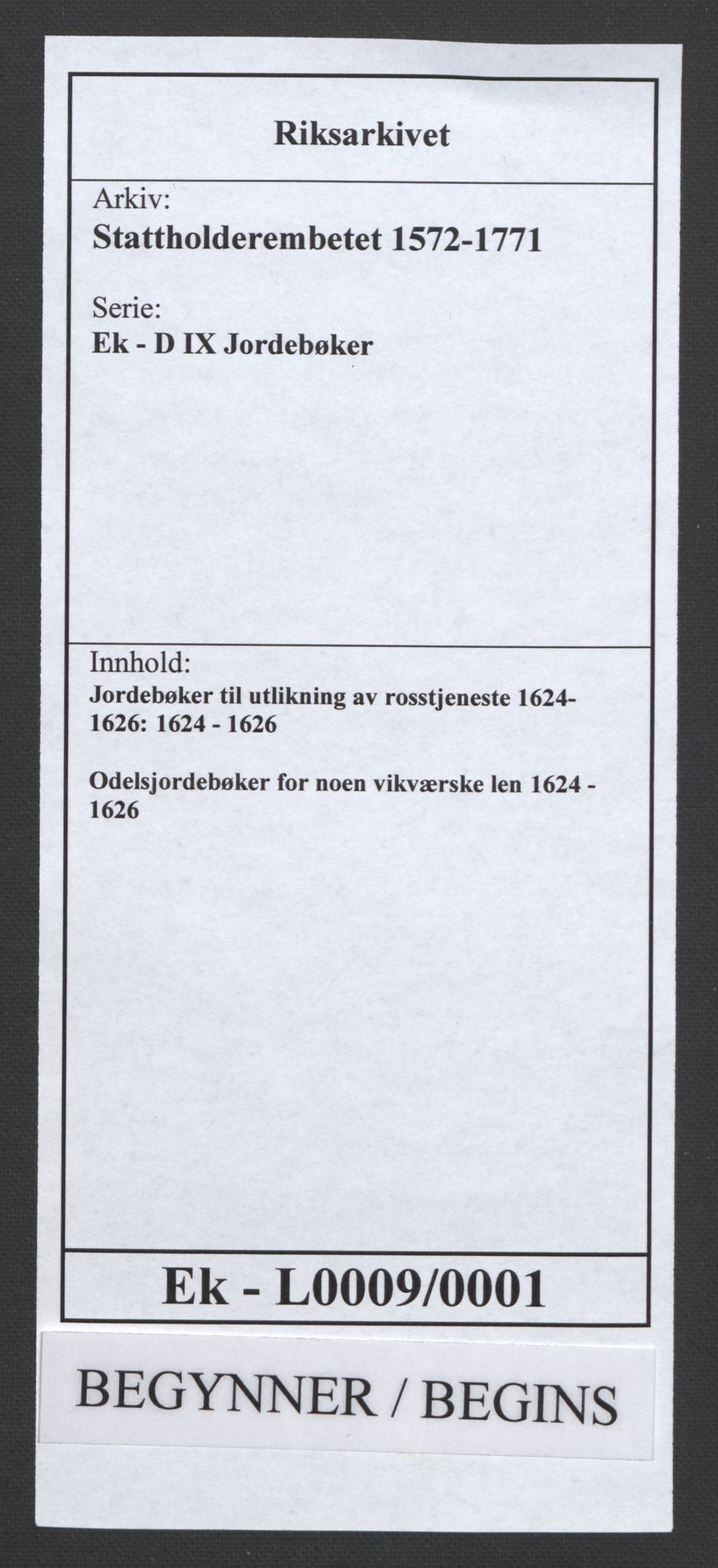 Stattholderembetet 1572-1771, RA/EA-2870/Ek/L0009/0001: Jordebøker til utlikning av rosstjeneste 1624-1626: / Odelsjordebøker for noen vikværske len, 1624-1626, p. 1