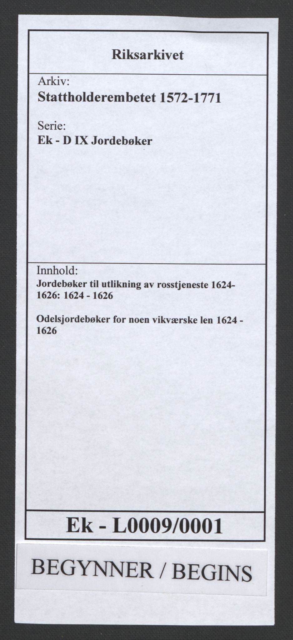 Stattholderembetet 1572-1771, AV/RA-EA-2870/Ek/L0009/0001: Jordebøker til utlikning av rosstjeneste 1624-1626: / Odelsjordebøker for noen vikværske len, 1624-1626, p. 1