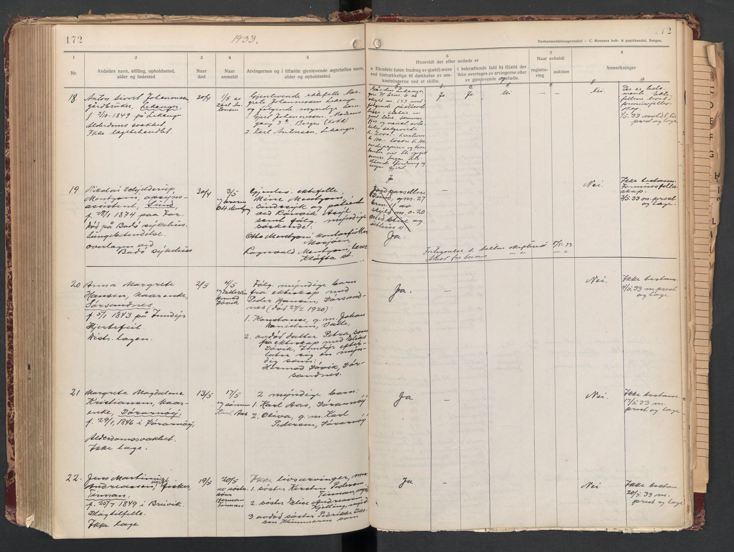 Gildeskål lensmannskontor, AV/SAT-A-4368/1/02/L0008: 2.01.08 - Dødsfallsprotokoll, 1917-1934, p. 172