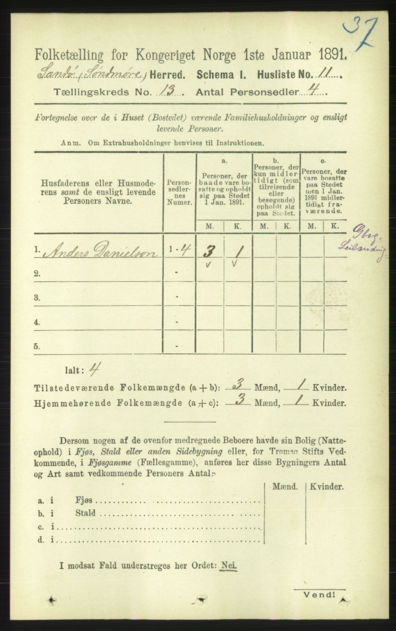 RA, 1891 census for 1514 Sande, 1891, p. 2413