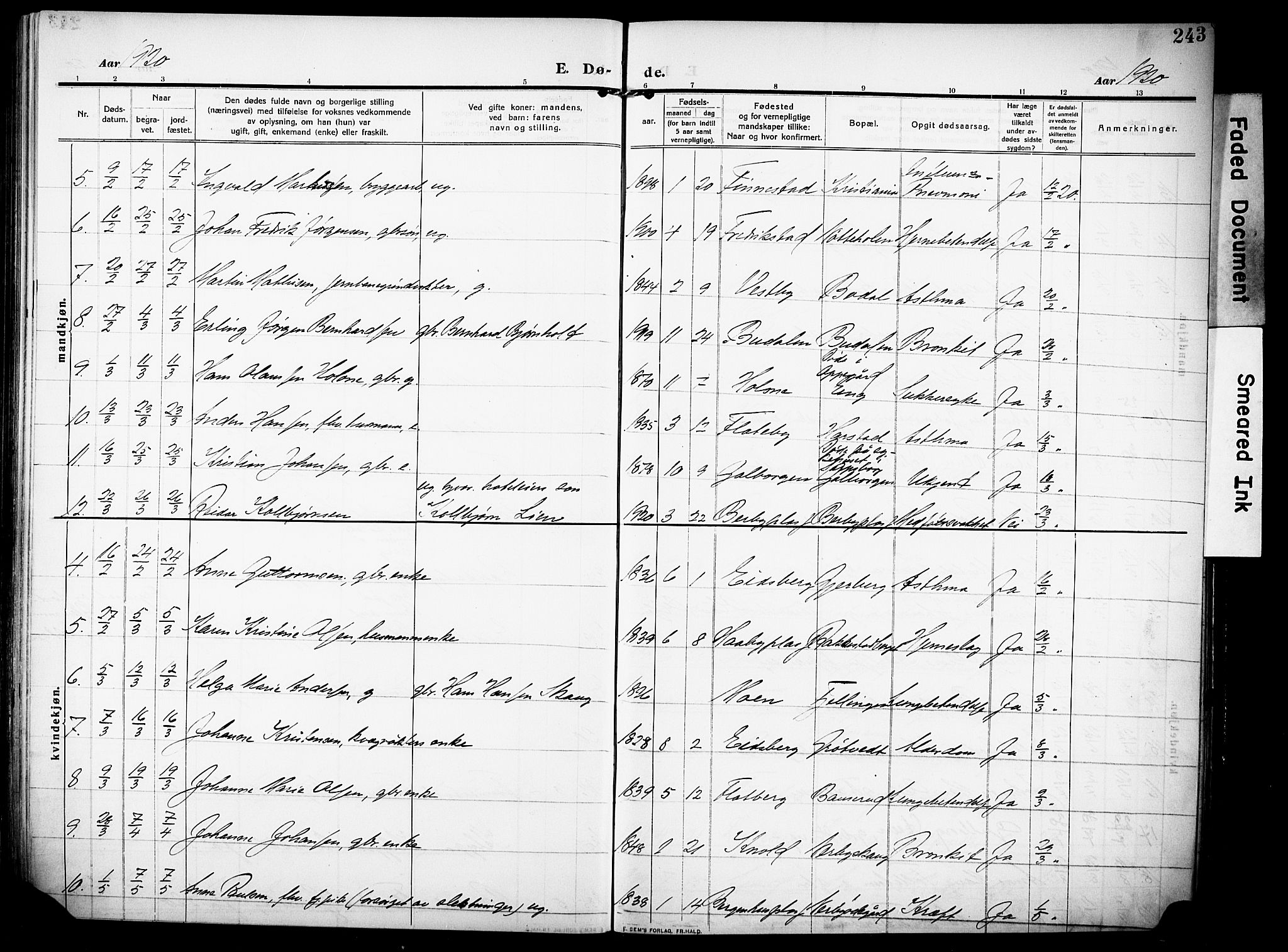 Rakkestad prestekontor Kirkebøker, AV/SAO-A-2008/F/Fa/L0015: Parish register (official) no. I 15, 1909-1922, p. 243