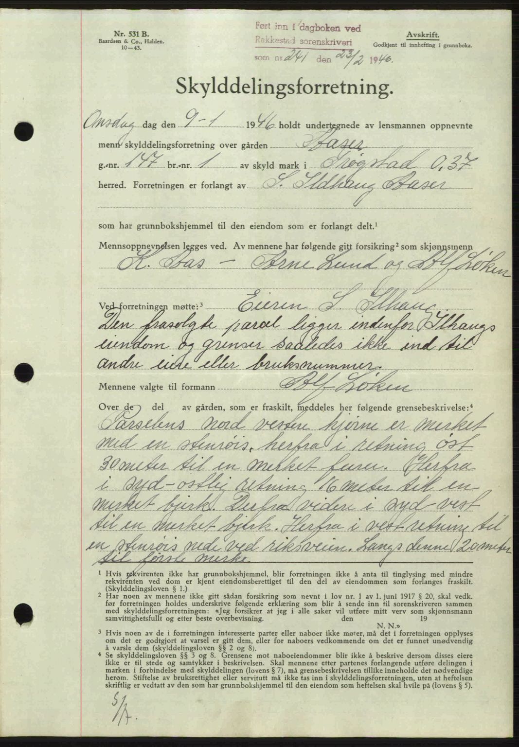 Rakkestad sorenskriveri, AV/SAO-A-10686/G/Gb/Gba/Gbab/L0012a: Mortgage book no. A12 I, 1945-1946, Diary no: : 241/1946