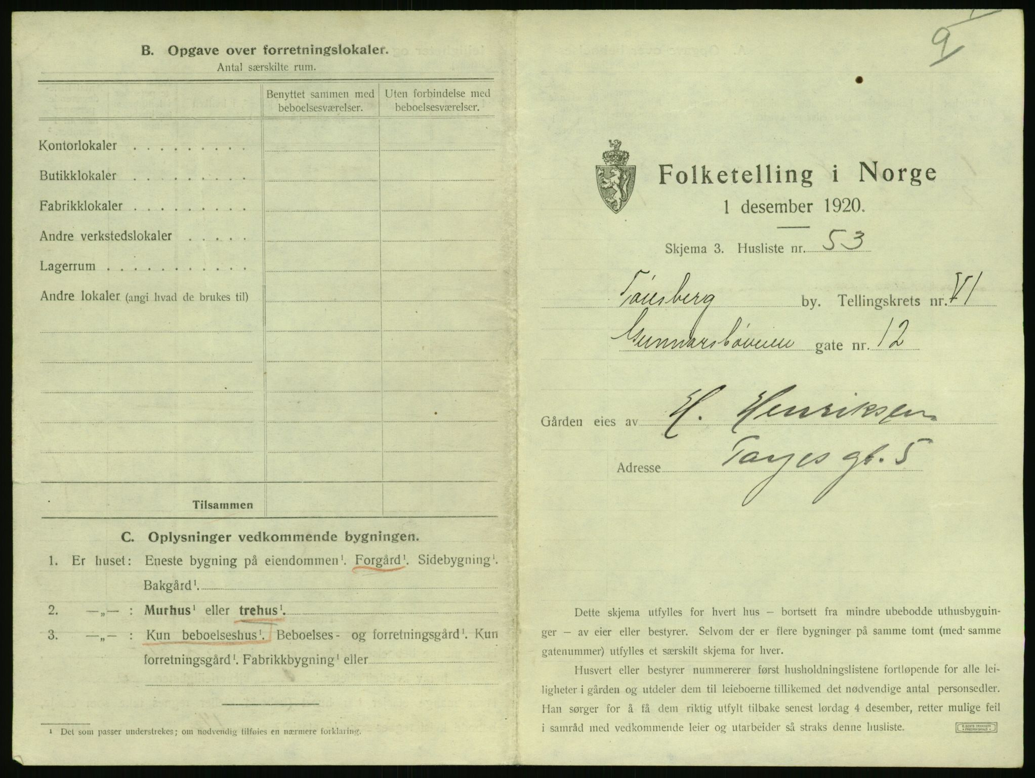 SAKO, 1920 census for Tønsberg, 1920, p. 725